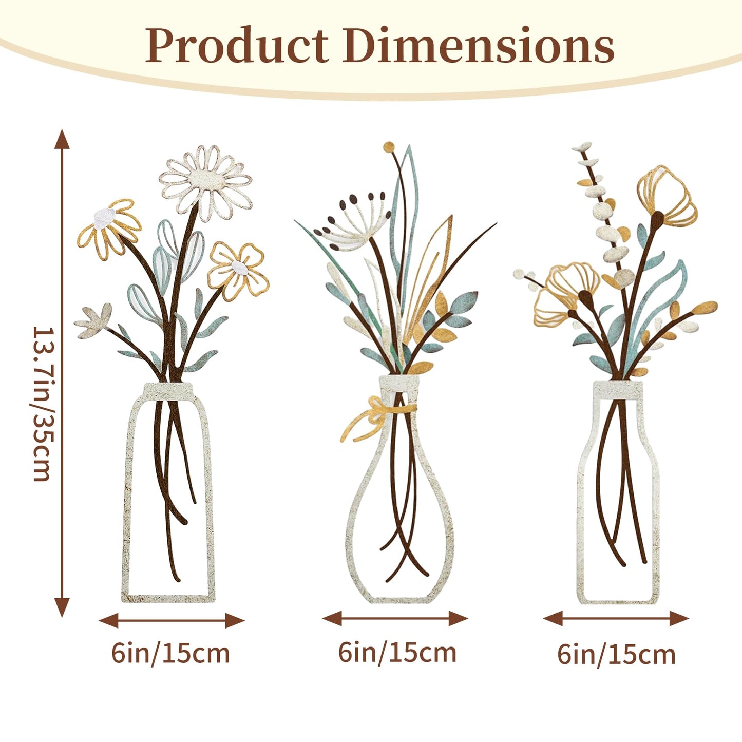 BoAn 3 Pieces Metal Flower Wall Art – Rustic Farmhouse & Boho Floral Wall Decor for Living Room, Bedroom, Bathroom – Durable Pre-Drilled Home Decorationss, Housewarming Gift