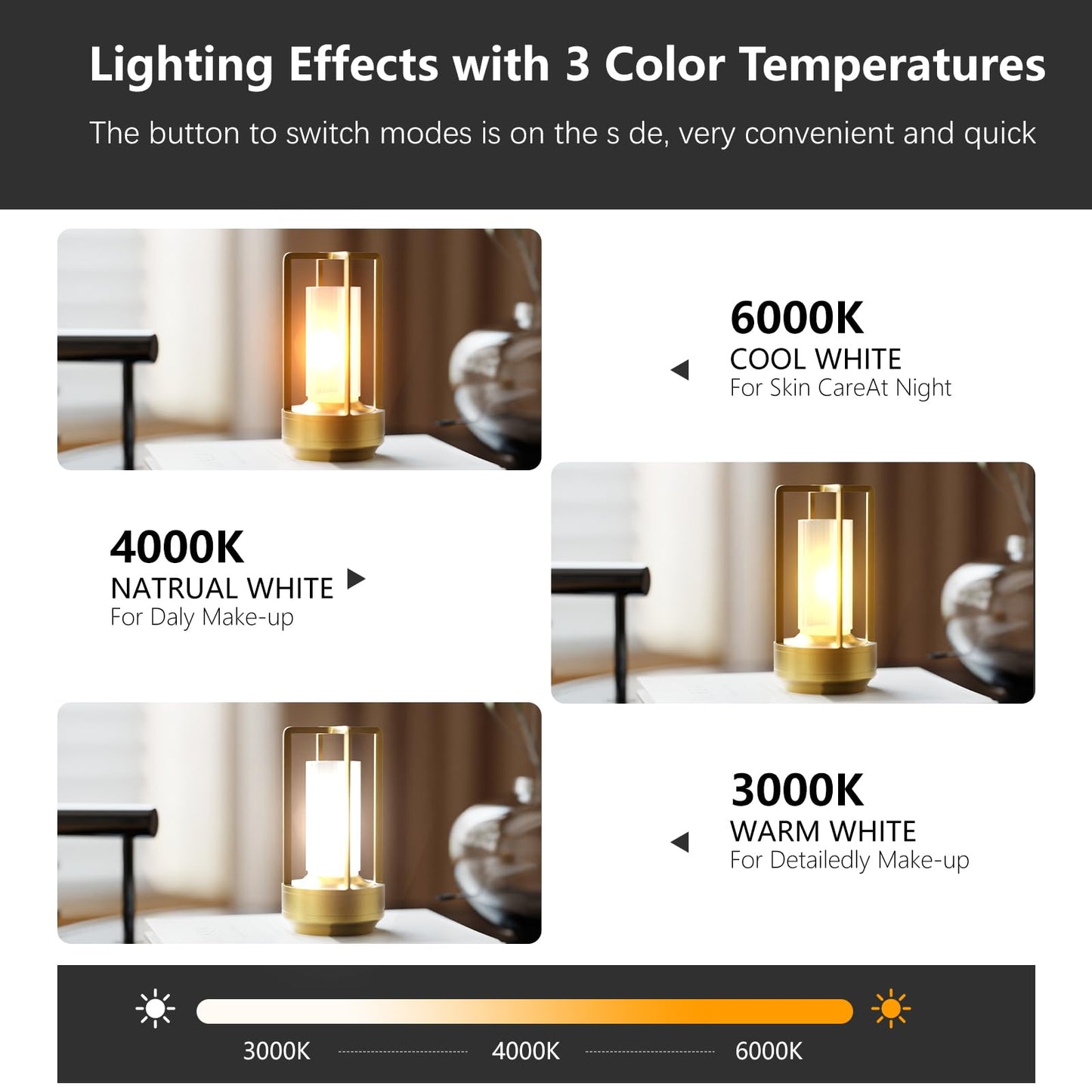 Anznzem Table Lamp, Portable Cordless Rechargeable LED, 3-Colour Dimming, Gold, Ideal for Bedroom, Outdoor, Restaurants, Bars, Coffee Shops, Camping