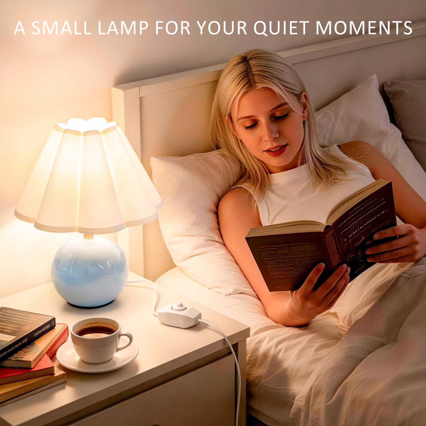 Komothala Small Bedside Table Lamp, Ceramic Stepless Dimmable Lamp with Scalloped Fabric Shade,Decorative Accent Light for Nightstand, Living Room, Console or Kids Dorm,Blue (E26 LED Bulb Included)