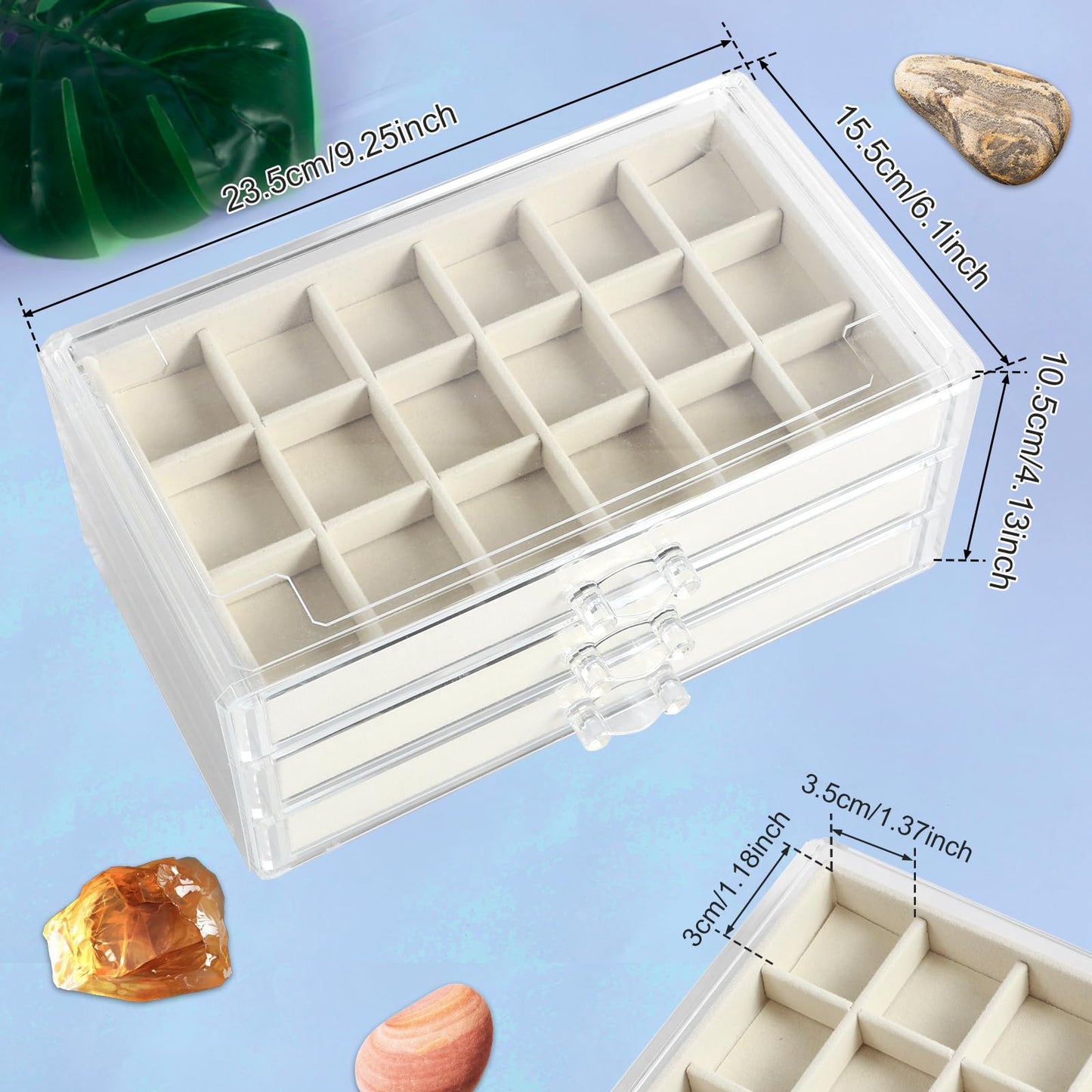 54 Grid Rock Collection Display Case for Kids, 3-Layer Acrylic Mineral & Crystal Storage Box, Velvet Gemstone Organizer Showcase, Ideal Geology Gift for Boys & Girls
