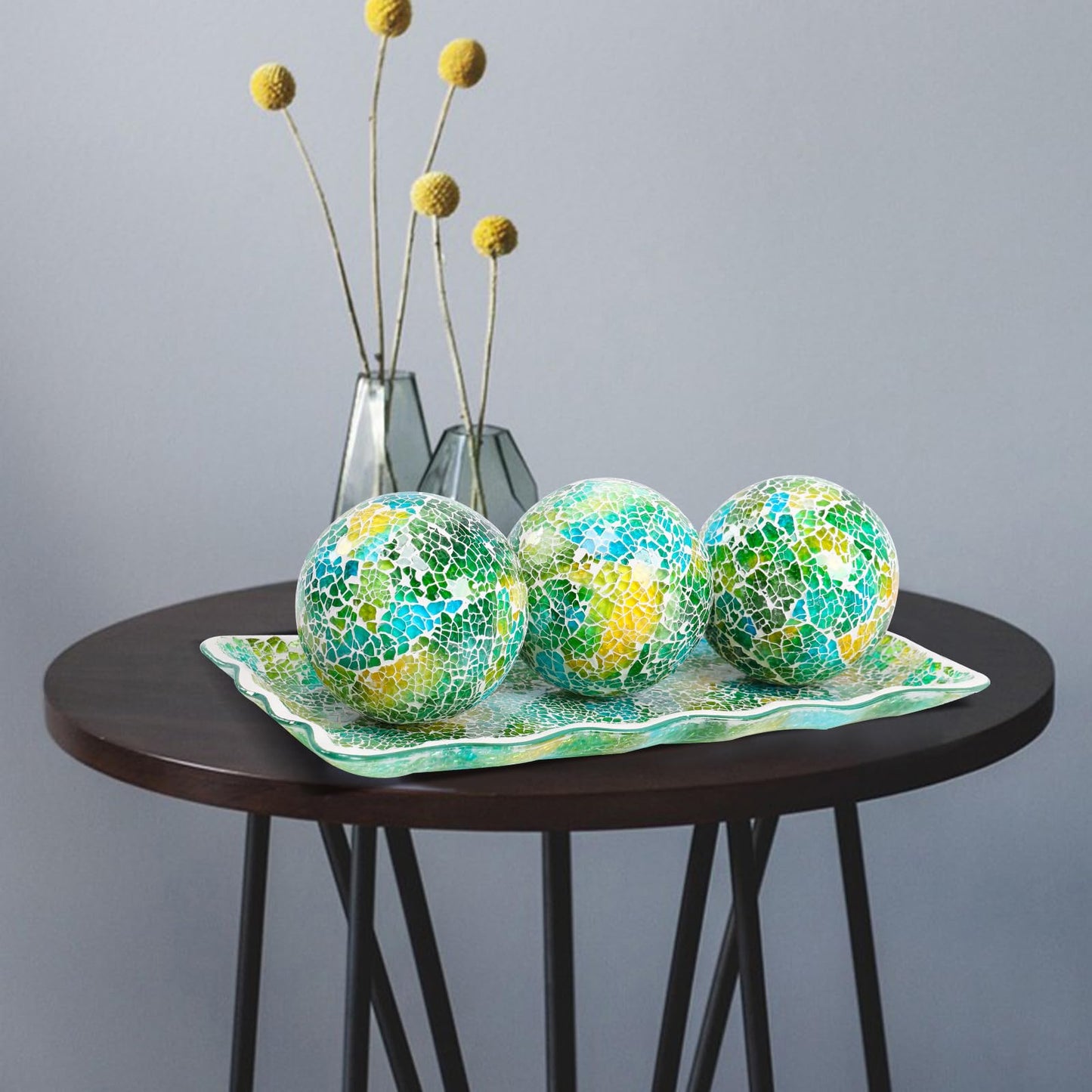 Afirst Decorative Ball and Glass Bowl - 4 Inch Mosaic Sphere Centerpiece Table Decorations with Tray for Coffee Table Decor, Living Room,Dining Table,Party,Wedding Decor