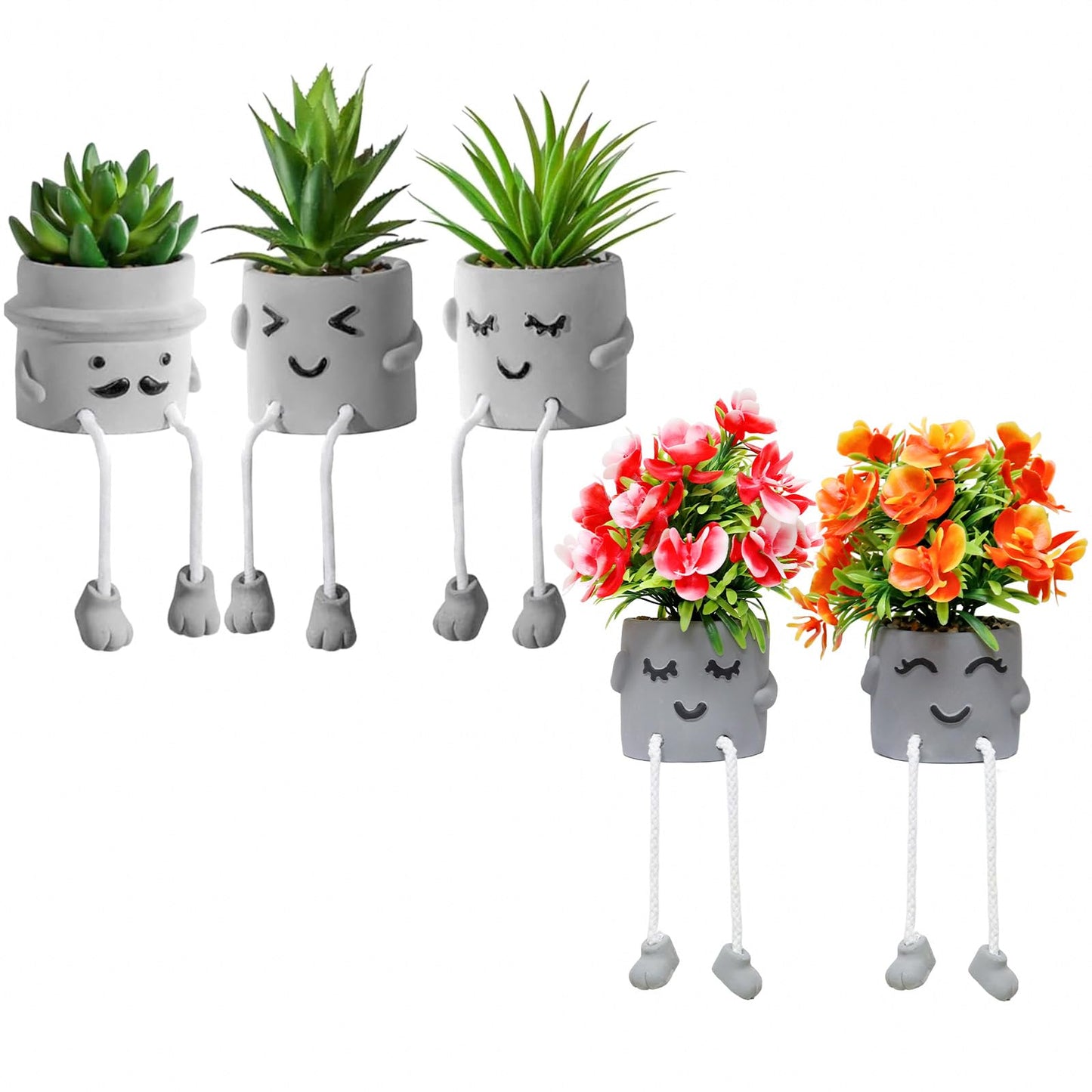 Zerzsy 5pcs Cute Artifical Plants in Cement Pots, Small Fake Plants for Office Decorations