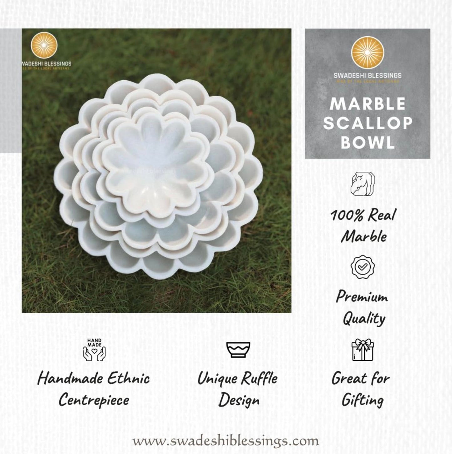 SWADESHI BLESSINGS HandCrafted Marble Decorative Bowl | White Ruffle Scalloped Fluted Key/Fruit Ring Dish | Organic Modern Home Decor (7 Inches)