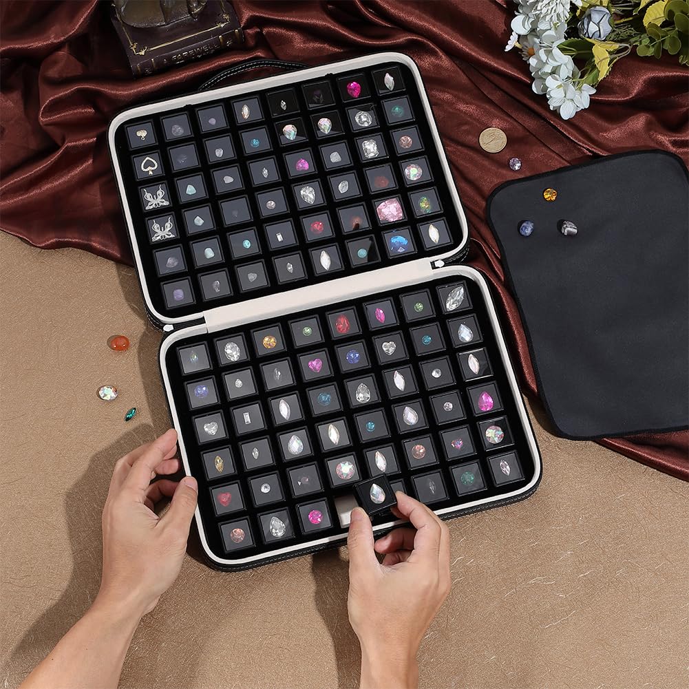 PH PandaHall 96pcs Gemstone Storage Box 1.1" Diamond Displays Tray Leather Crystal Collection Box Black Gem Jars Jewelry Organizer Container with Foam Insert for Rhinestone Beads Showcase Collectibles