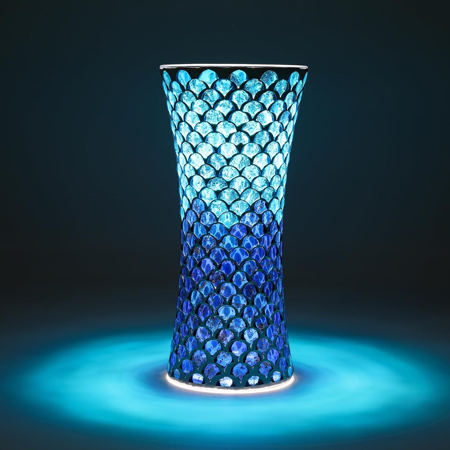Adedeo Mosaic Glass Flower Vase for Home Decor, Large Handmade Glass Vases for Living Room, Kitchen, Wedding, Office (Fan Shape Golden Blue, 5 * 11.8 Inch)