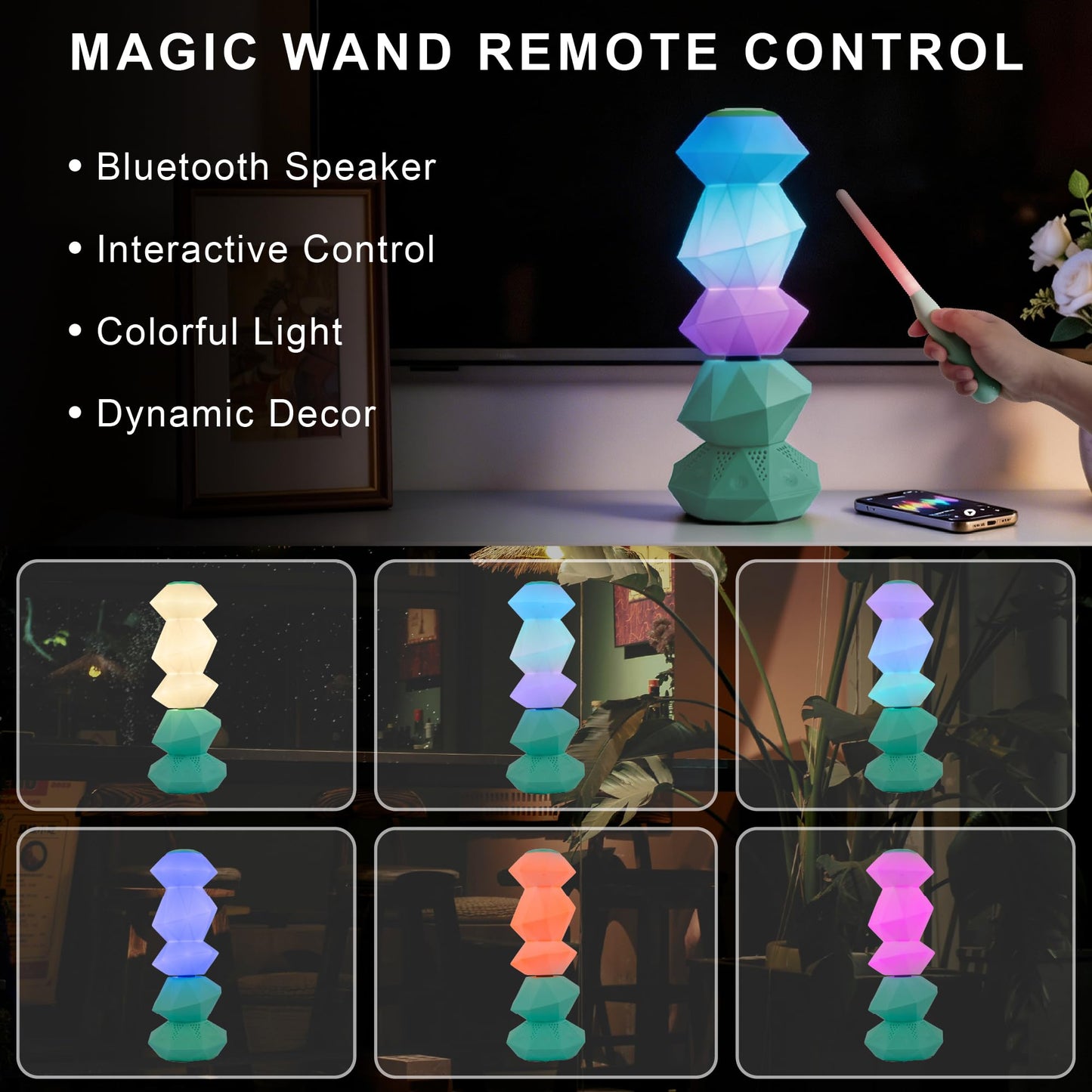 BITILLUM RGB Mood Lamp with Bluetooth Speaker, Rotating Ambient Night Light with Magic Wand Control, Dimmable Color Changing Aesthetic Lamp for Bedroom, Gaming Room, Desk & Teen Gifts