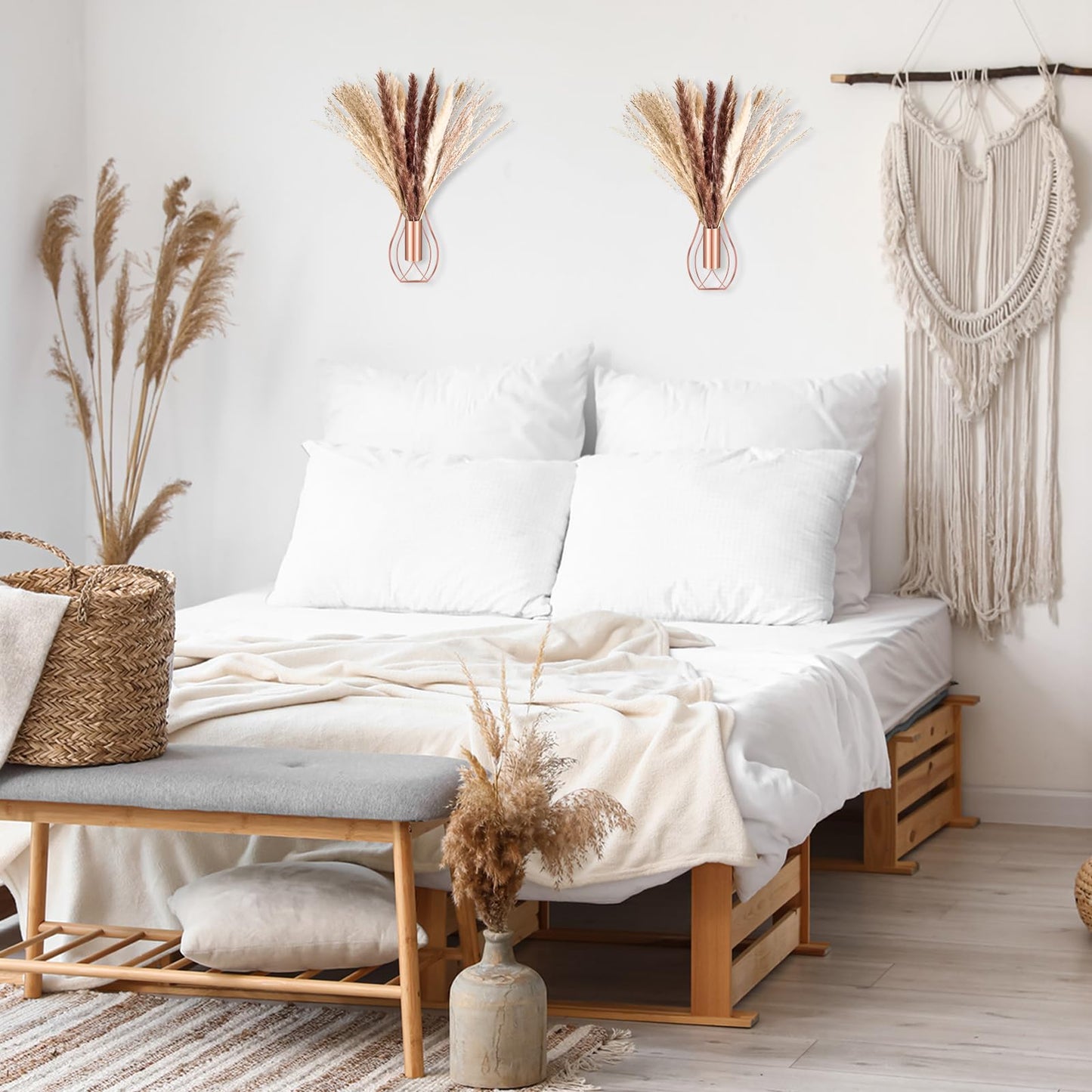 Otoolling Boho Wall Decor Set of 2 – Metal Hanging Wall Art with Faux Pampas or Eucalyptus,Minimalist Bohemian Accent for Living Room, Bedroom, Entryway(Rose Gold,Pampas)