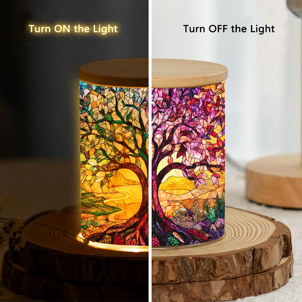Stained Glass Tree of Life Tea Light Candle Holder with Bamboo Lid, Tree of Life Decorations Light Glass Tealight Holder, LED Candle Tealight Jar for Birthday,Wedding,Home Decor