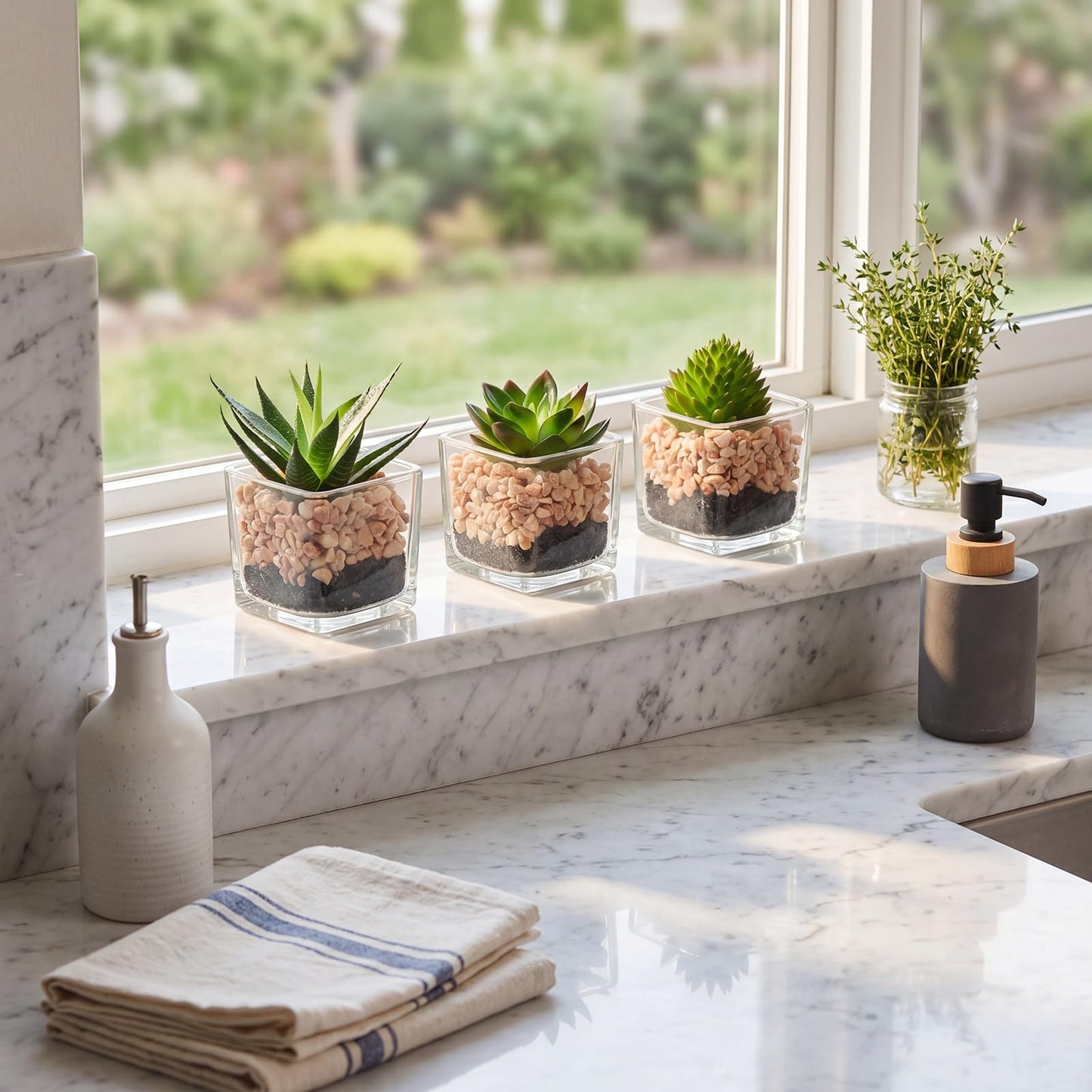 Briful Set of 3 Succulents Plants Artificial in Glass Pots Small Fake Succulents Plants Faux Plants Indoor for Home Office Table Desk Shelf Room Decor