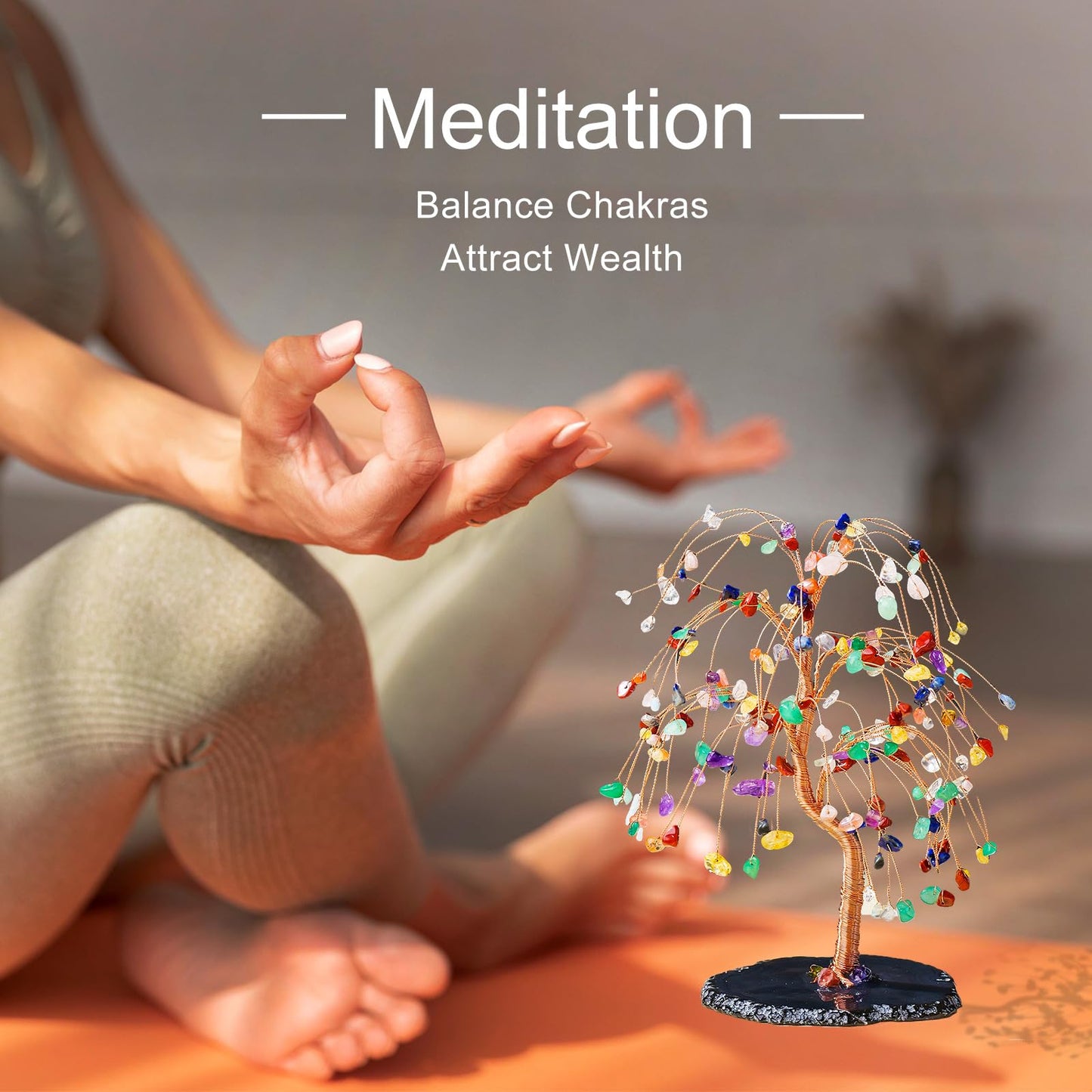 Runyangshi Chakra Crystal Tree of Life Handmade with Copper Wire - 7-8" Natural Healing Crystal Willow Tree Geode Agate Slices Base for Home Decor, Feng Shui Gifts, Office Desk Ornament