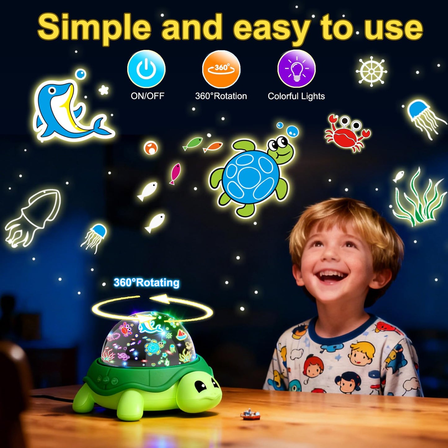 LMYCH Turtle Kids Night Light,Toys for Boys 3-8 Years Old Starry Sky Projector Light,360 Rotation,4 LED Bulbs,16 Light Colors Variable,USB Cable Powered,Ceiling Light for Kids Bedroom
