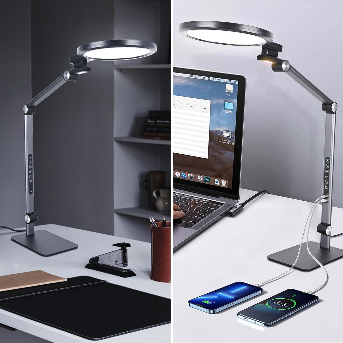 Soluneve LED Desk Lamp for Home Office with Full Spectrums Eye Care, 5 Color Color 5 Brightness, 4-Axis Flexible Rotation, Dual Output Charging, Memory & Timer Func, Desk Lamps with Small Night Light