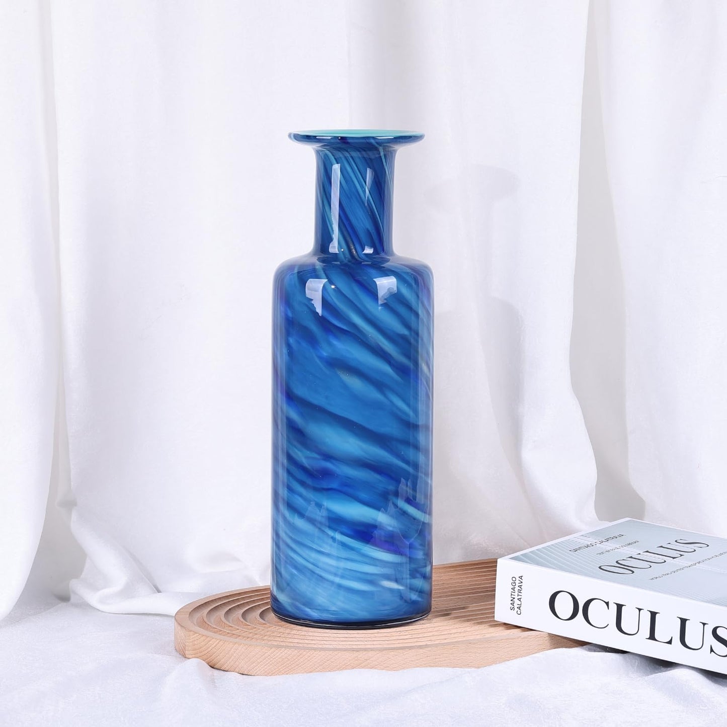 13" H Hand-Blown Glass vase, Modern Art Glass Cylindrical vase, Blue Glass Decorative vase, Ideal for Living Room Dining Table centerpieces, TV Console, Office, or Console Table Decor.