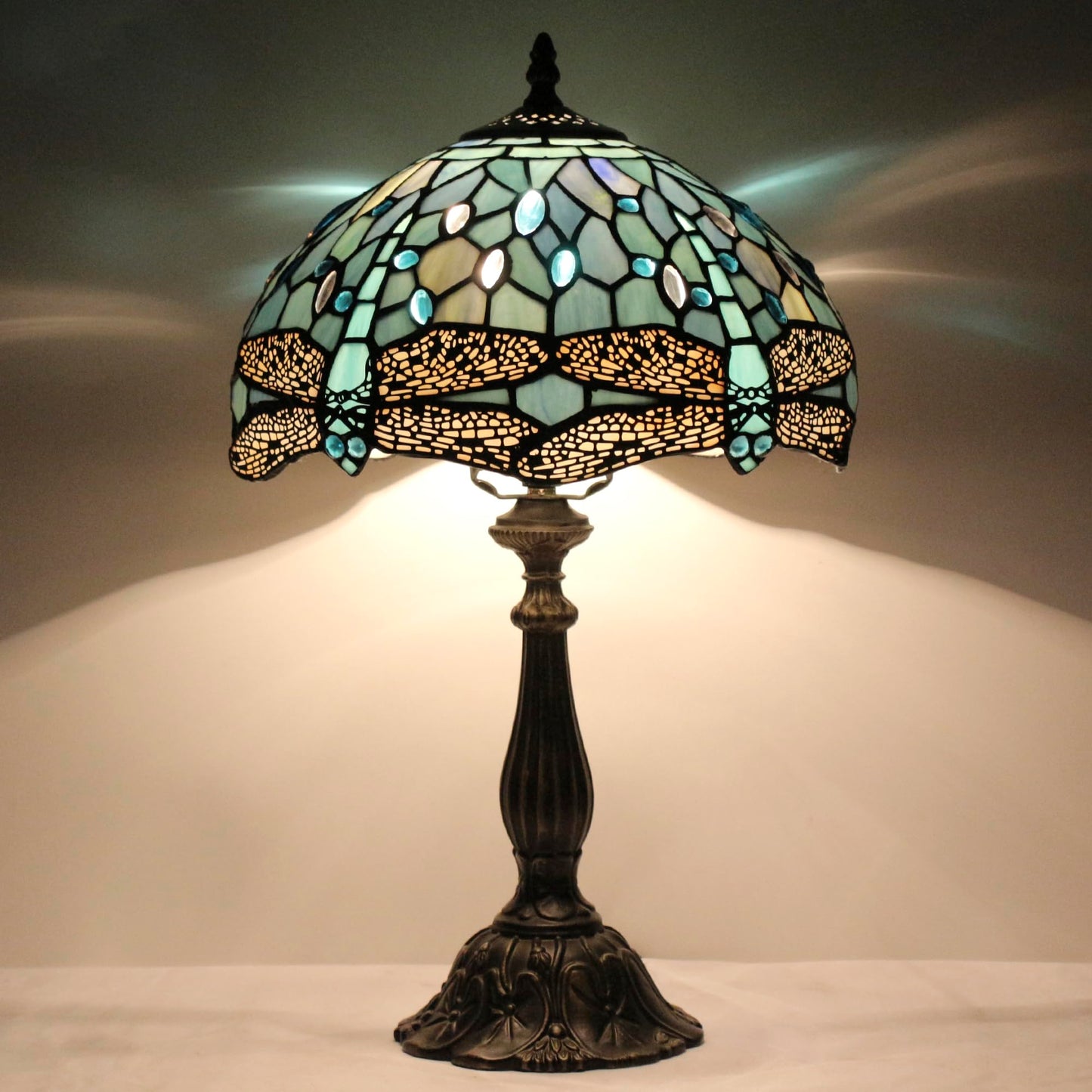 L-Juicwe Tiffany Lamp Touch Control Table Lamp Sea Blue Stained Glass Desk Lamp 12X12X19 Inches Dragonfly Style Reading Light