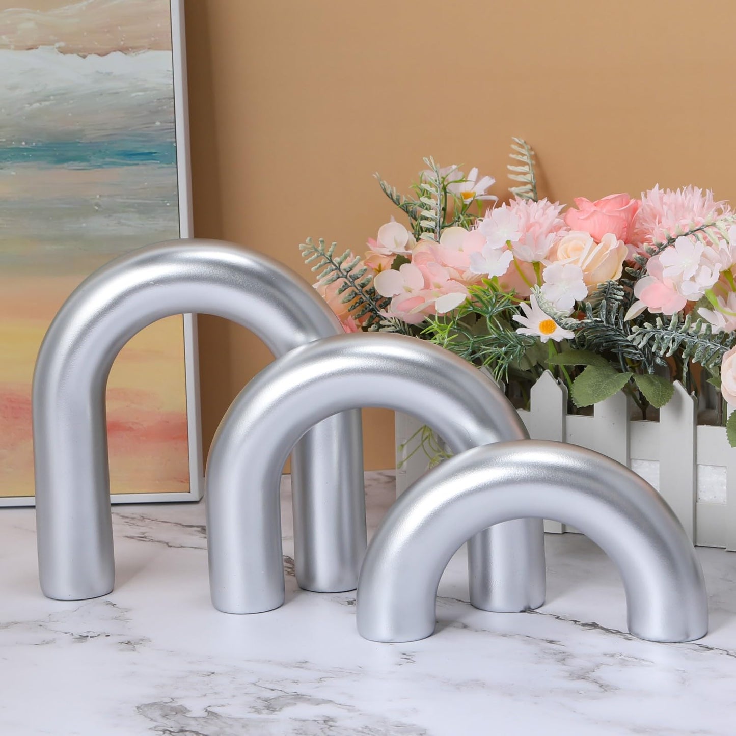 HMASYO 3Pcs Sliver Arch Decorative Objects Statue, Coffee Table Bookshelf Aesthetic Decor for Living Room Bedroom, Knick Knacks Home Table Top Decor for Shelves Boho Office Decor