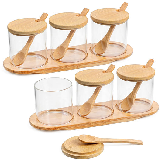 2 Pcs Salt and Sugar Container Sets, Condiment Containers with Lids, Square Glass Jar with Bamboo Lid & Spoon, 12 Oz Glass Pantry Storage Containers for Kitchen, Coffee, Tea, Candy, Spice Organization