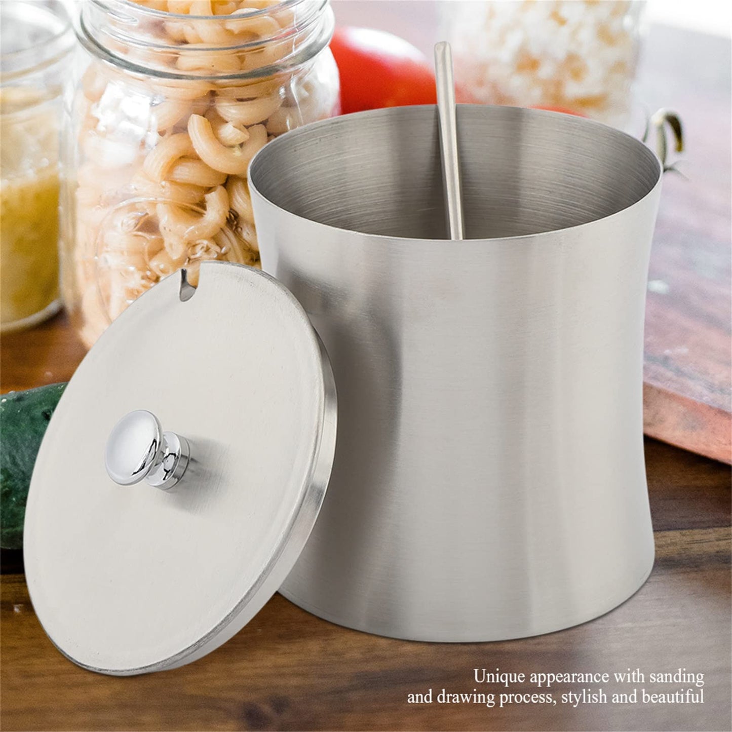 Oumefar Sugar Bowl Stainless Steel Jar Salt Pot Condiment Pot with Lid and Serving Spoons Kitchen Seasoning Container for Home Kitchen Restaurant