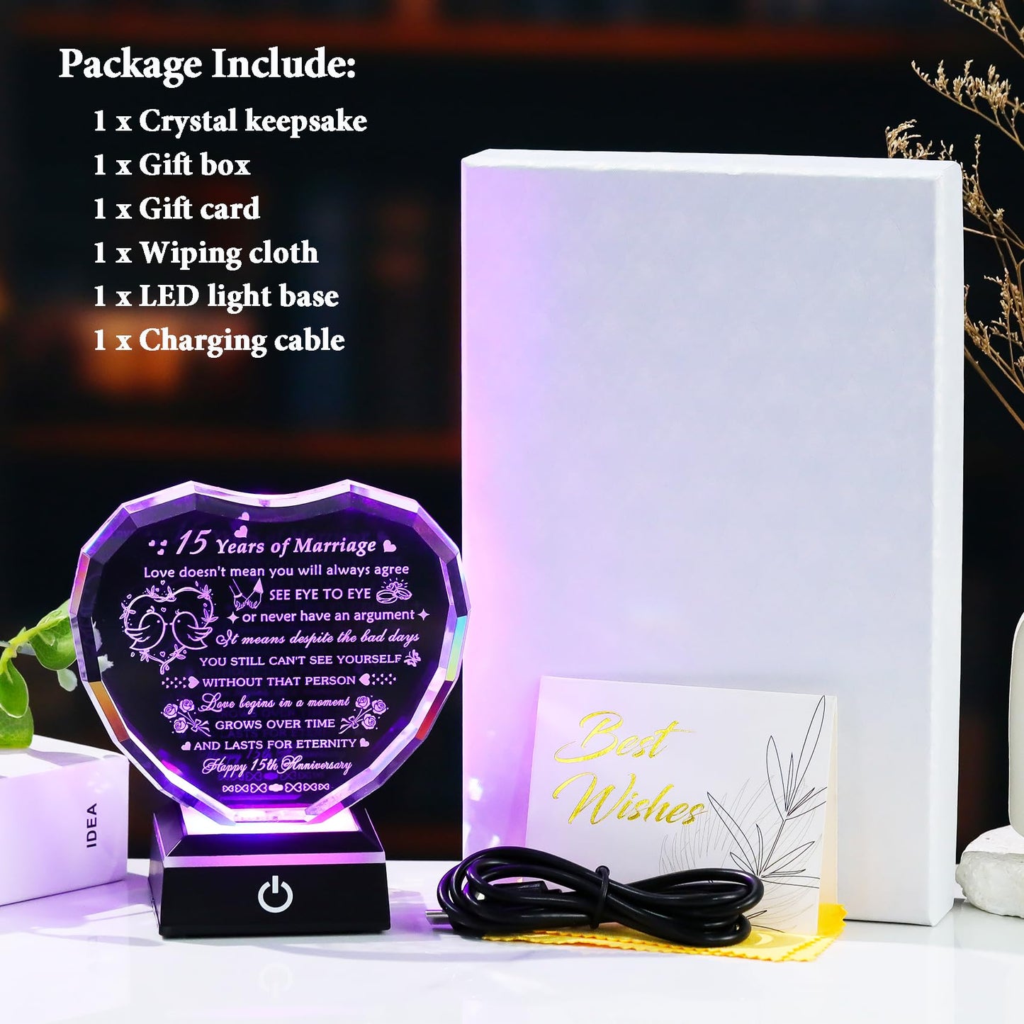 Arikyrist 15th Wedding Anniversary Crystal Heart Gifts for Couple, Laser Engraved Happy 15th Anniversary Crystal Gifts for Wife Husband, Romantic 15 Years of Marriage Gift for Him Her Friends