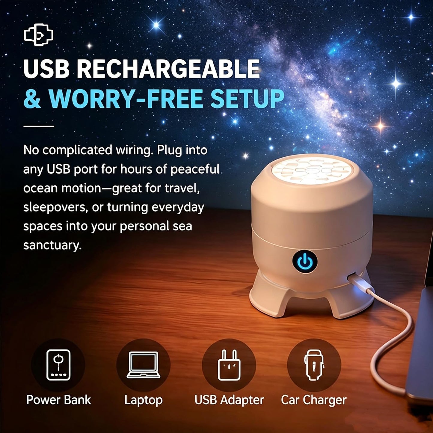 Yinhamnl Dynamic Rotating LED Projector Ocean Light, 2-in-1 LED Ocean Light Projector, 360° Rotating USB Rechargeable Night Light Projector for Bedroom Home Decor Gifts
