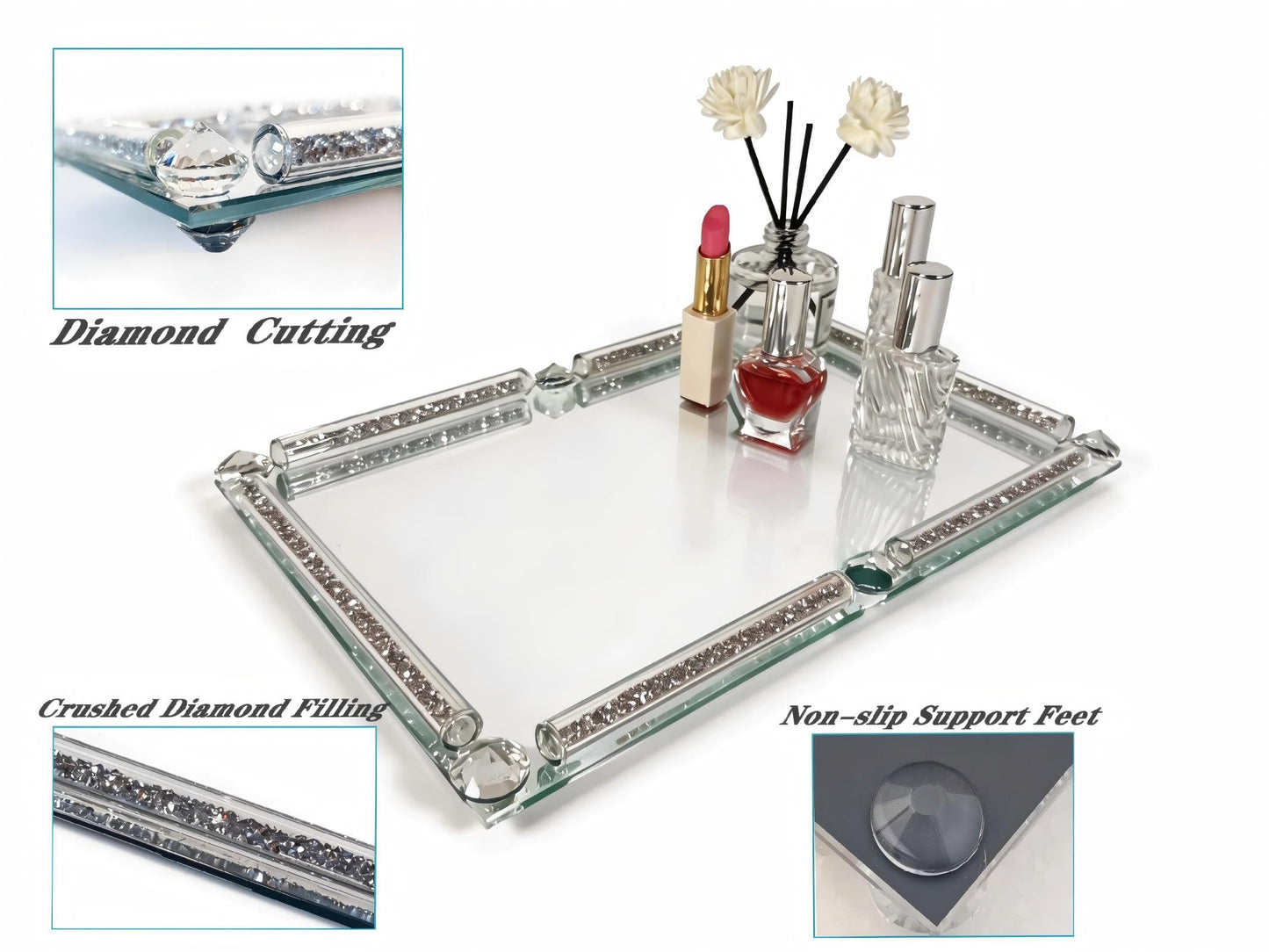 3-in-1 Perfume Crystal Mirror Tray, Luxurious Crushed Diamond Silver Decorative Tray, Non-Slip Desktop Storage Tray, Suitable for Storing Jewelry, Perfumes, and Cosmetics
