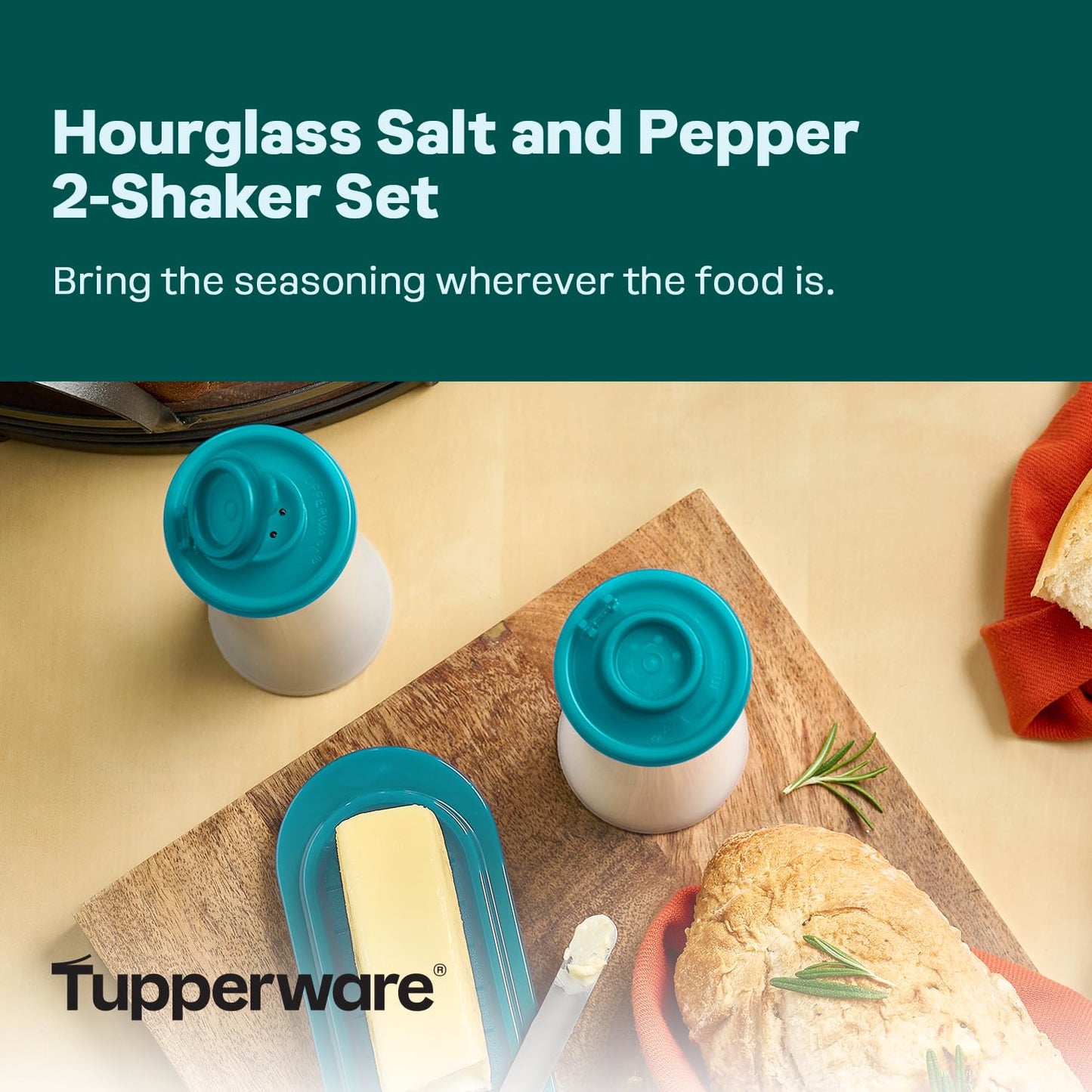 Tupperware Hourglass Salt and Pepper 2-Shaker Set in Teal, Liquid Tight Lids, BPA-Free, Dishwasher Safe