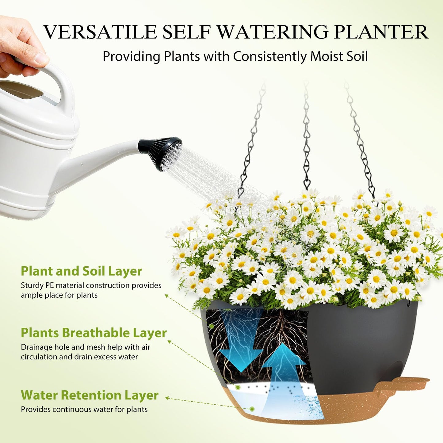 SQKH 12 Inch Hanging Baskets 2 PC with Chains, Self-Watering Hanging Planters for Indoor Outdoor Plants, Plastic Hanging Flower Pots,Black Brown