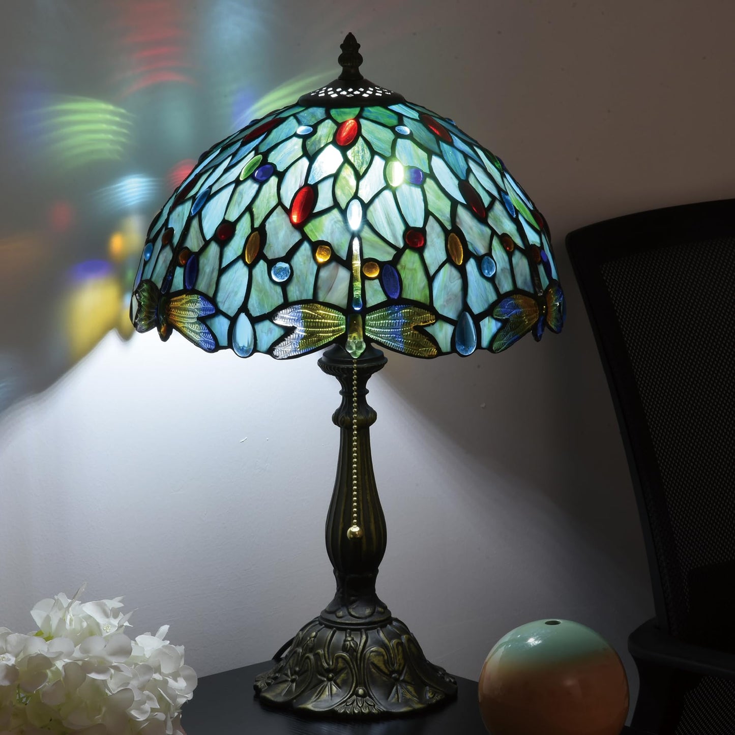 Msrzuds Tiffany Style Stained Glass Table Lamp 12-inch Dia Ocean Blue Dragonfly Design Lampshade Vintage Nightstand Light for Bedroom Dorm Living Hallway Cottage Office Cafe Ceremony Housewarming Gift