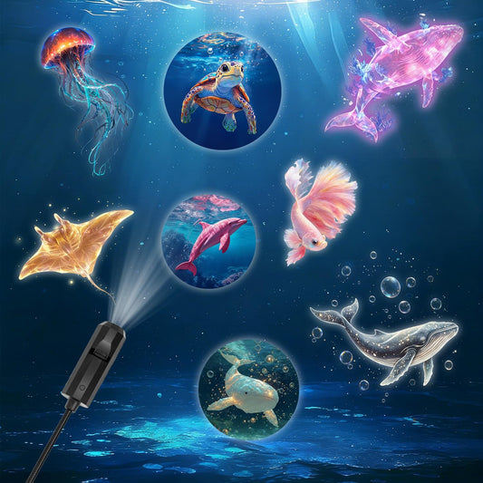 Ocean projection light with 8 interchangeable marine life light panels (whale, jellyfish, sea turtle), USB powered, 360° rotating, creating an immersive underwater world; a creative decorative gift.