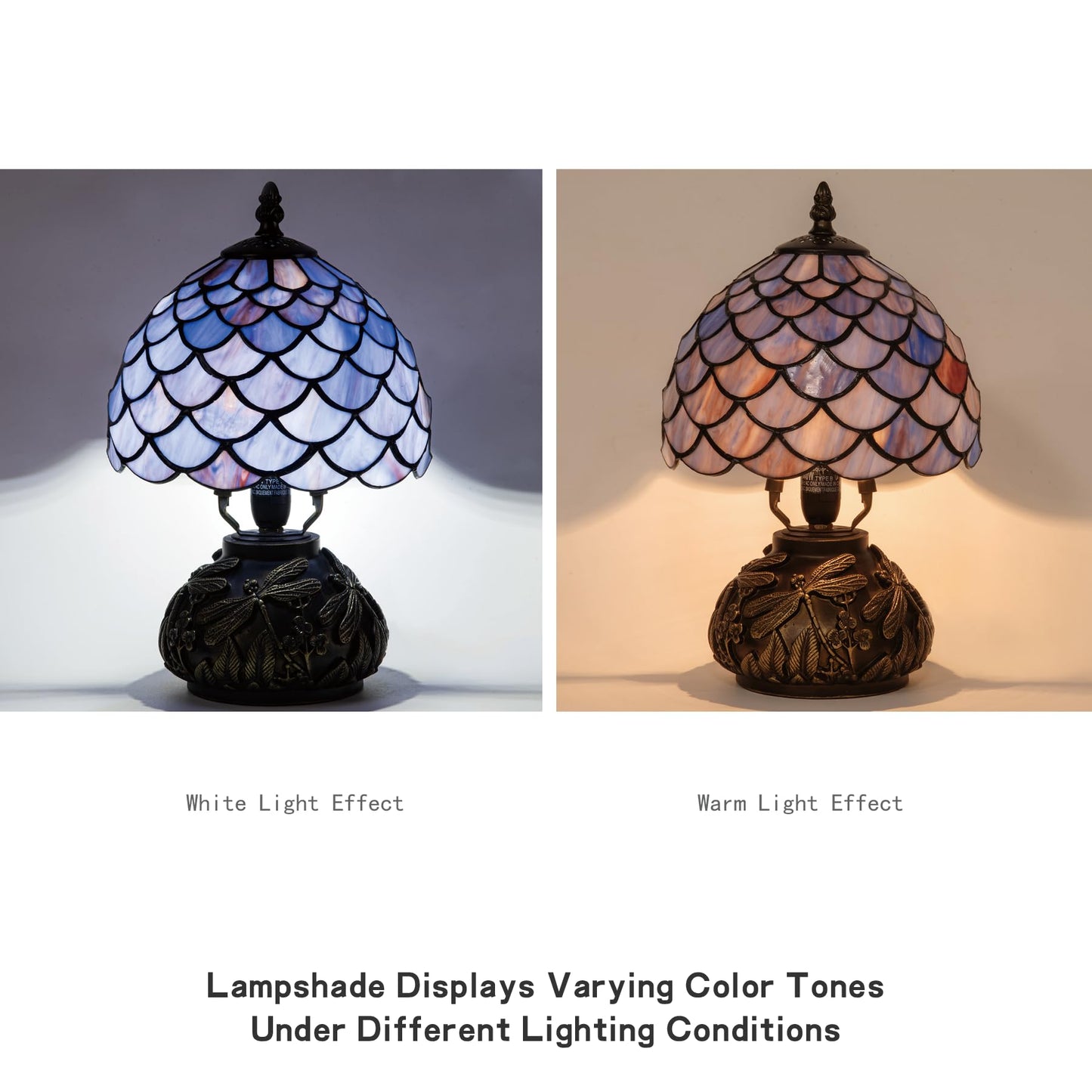 GILGGAK Tiffany Style Table Lamp, Gradient Stained Glass Wisteria Desk Lamp with Antique Bronze Dragonfly Resin Base, Vintage Accent Bedside Light for Bedroom Living Room 8x12 Inch (Blue Fish Scales)