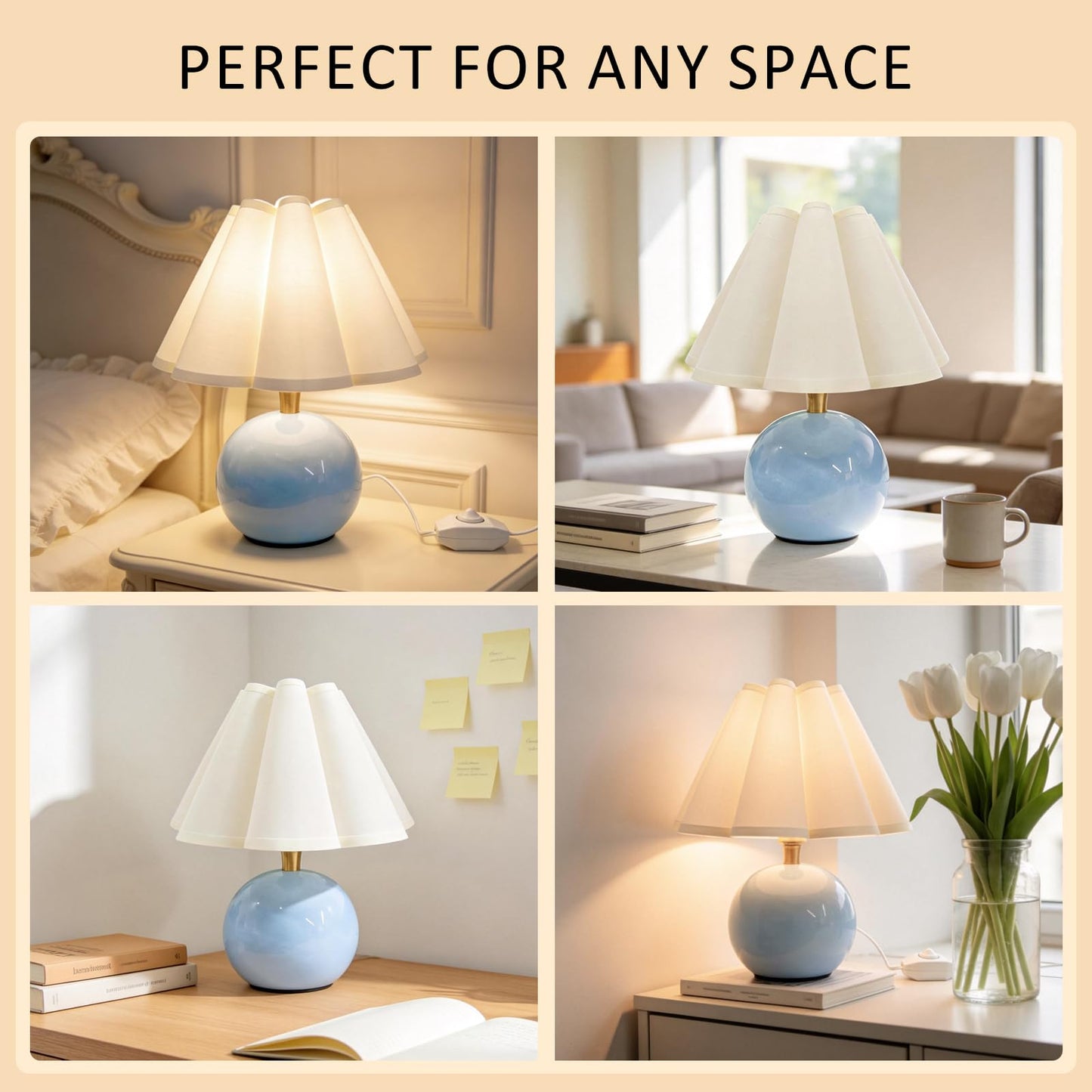 Komothala Small Bedside Table Lamp, Ceramic Stepless Dimmable Lamp with Scalloped Fabric Shade,Decorative Accent Light for Nightstand, Living Room, Console or Kids Dorm,Blue (E26 LED Bulb Included)