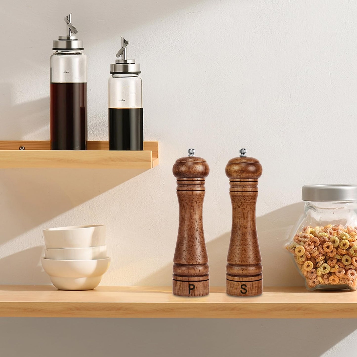 Haomacro Wooden Salt and Pepper Grinder Set Refillable Salt & Pepper Mills Adjust for Coarseness, Crafted of Solid Oak Wood with Ceramic Stainless Steel Core, 8 Inches - 2 Packs