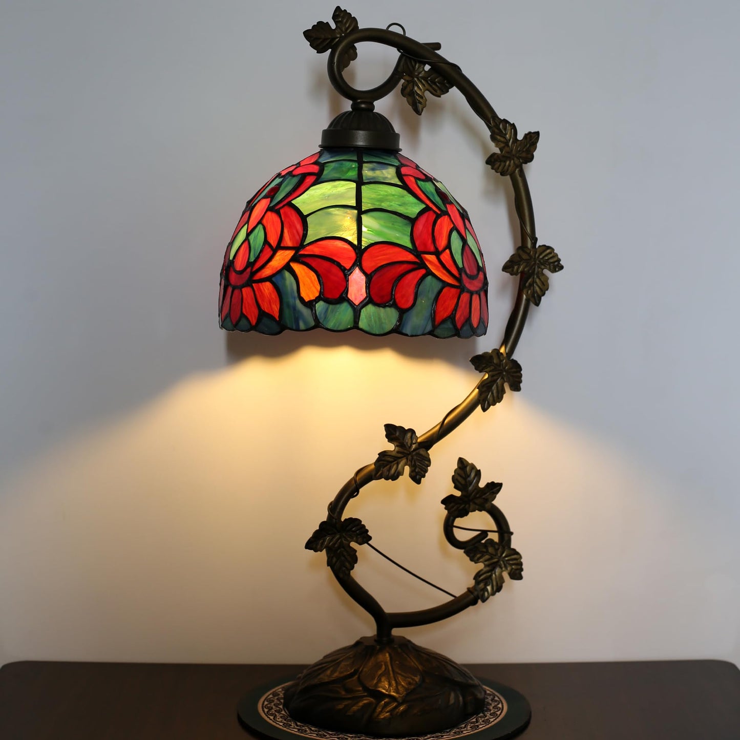 ZYLINX Small Tiffany Lamp Stained Glass Desk Reading Light Red Lotus Style