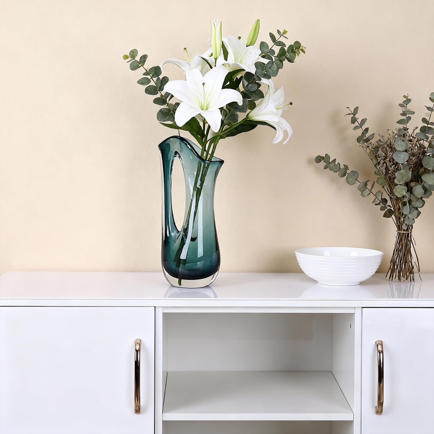 Abstract Glass Decorative Vases - 12.6" H Ombre Centerpiece Vase, Wide Mouth Handled Glass Pitcher Vase Flower, for Home Decor Living Room,Table,Bathroom,Office Shelf Decorative (Ombre Blue)
