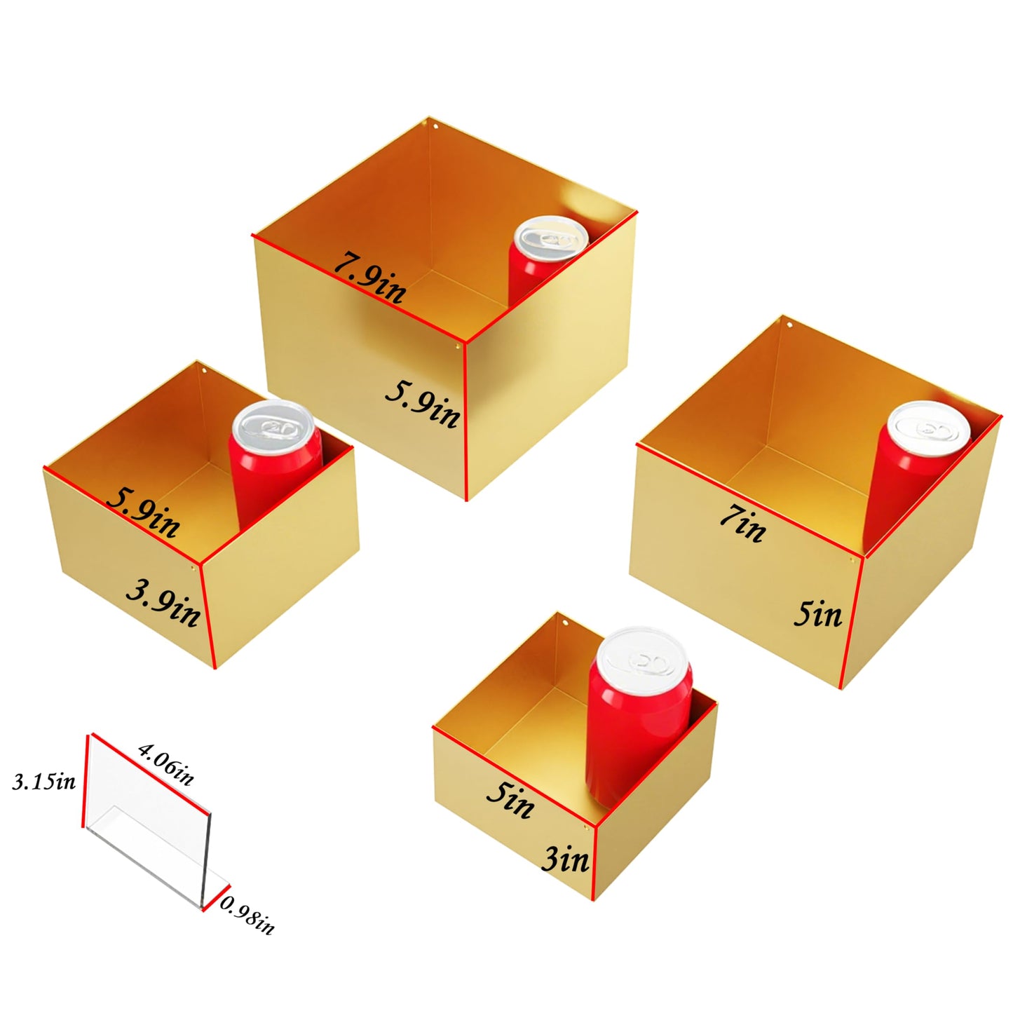 Metal Buffet Risers,4PCS Food Risers for Buffet Table 5in to 8in Display Stand with Mini Acrylic Signs for Catering Dessert Collectibles Jewelry Figures Show Gold Cube Boxes Nesting Risers with Hollow Bottoms