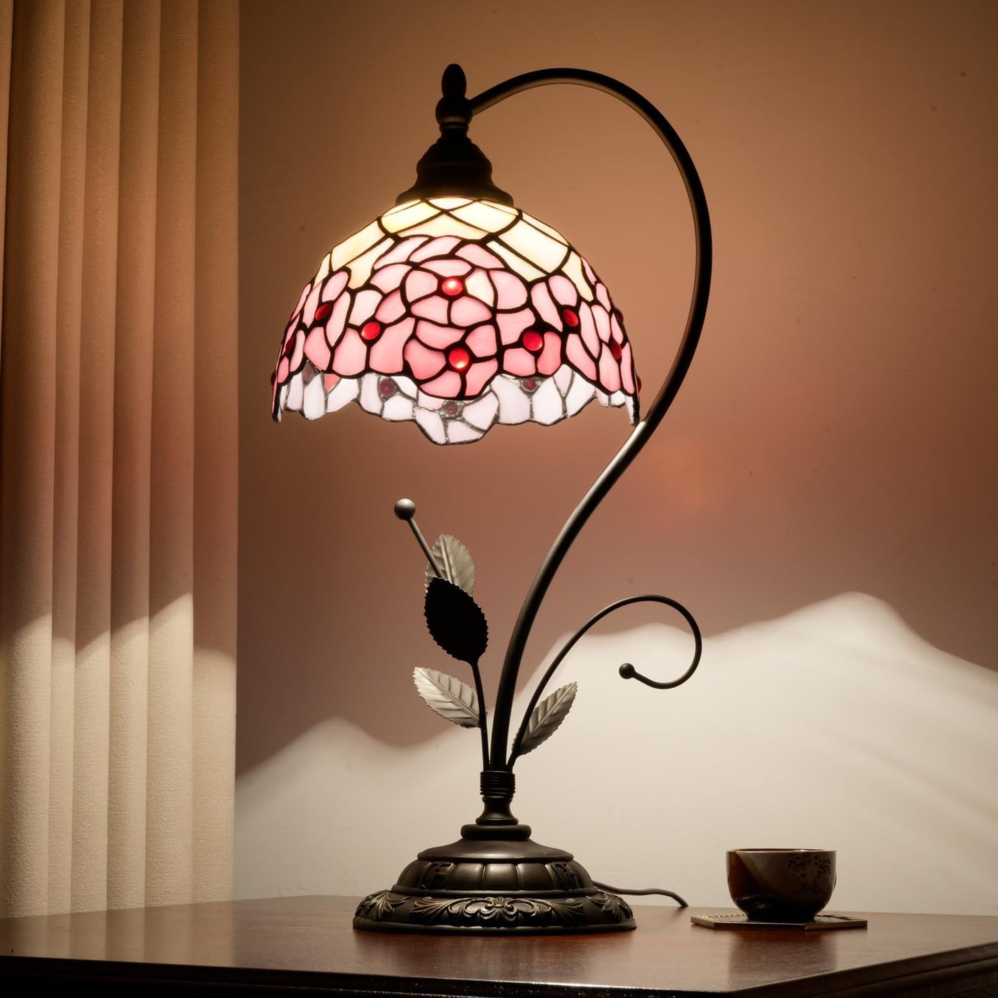 wecrejoni Tiffany Style Cherry Blossom Stained Glass Table Lamp Cute Small Table Lamp Bedroom Bedside lamp Living Room Dining Room Office Decoration Desk lamp Home Decoration Creative Gift Scene Props