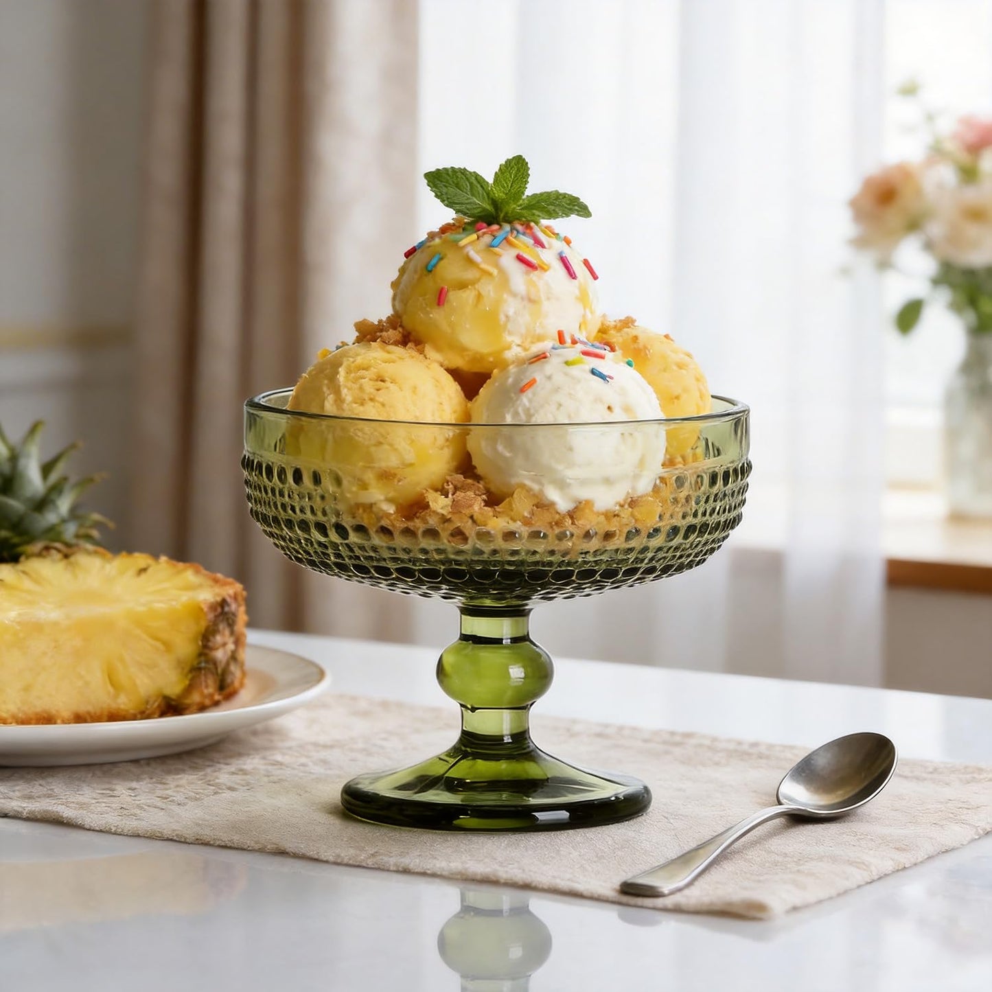 WAIT FLY Vintage Embossed Beads Glass Dessert Bowl Footed Trifle Bowl Ice Cream Bowl Serving Bowl for Fruit, Salad, Candy, Cocktail, Coffee, Trifle-Green-1 PCS