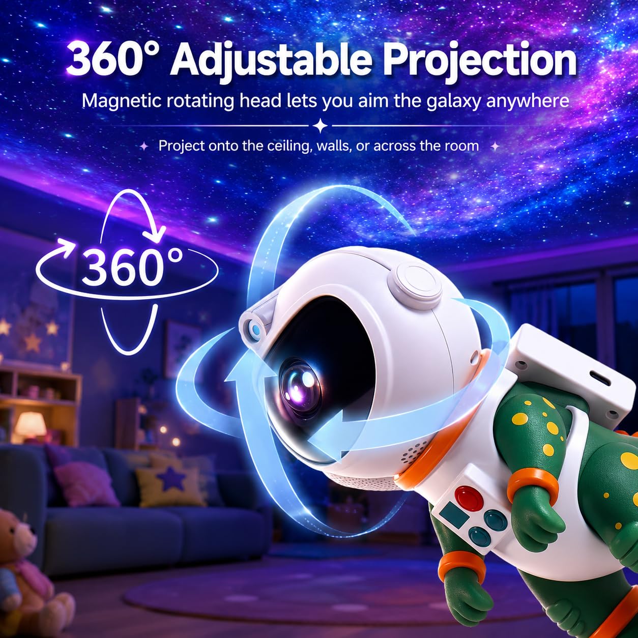 Galaxy Star Projection Night Light, Dinosaur Astronaut Space Projector with Timer, Remote Control, 8 Lighting Modes, Green Nebula Effects for Kids Room Ceiling Decor(Green)