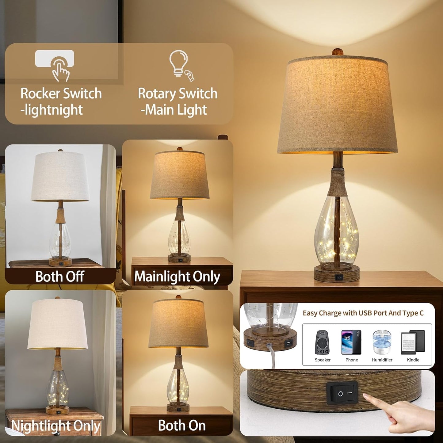 OYEARS Bedside Table Lamps Set of 2 with USB, Modern Bedside Lamps Retro Farmhouse Rattan Glass Nightstand Nightlight Lamps for Bedroom Living Room Dorm,Two Light Points