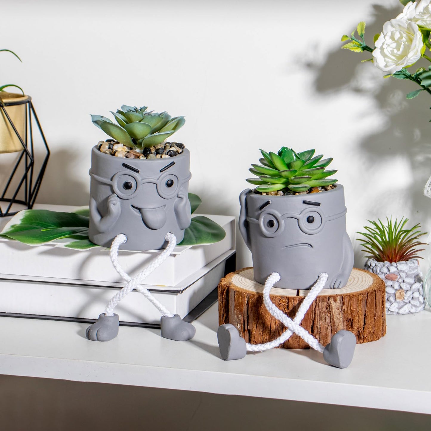 Uguisu 2 Pack Small Fake Plants for Desk Window sill Decor, Shelf sitters with Dangling Legs Cubicle Decor Cute Fake Succulent Hippy pots（Gray/2pcs）