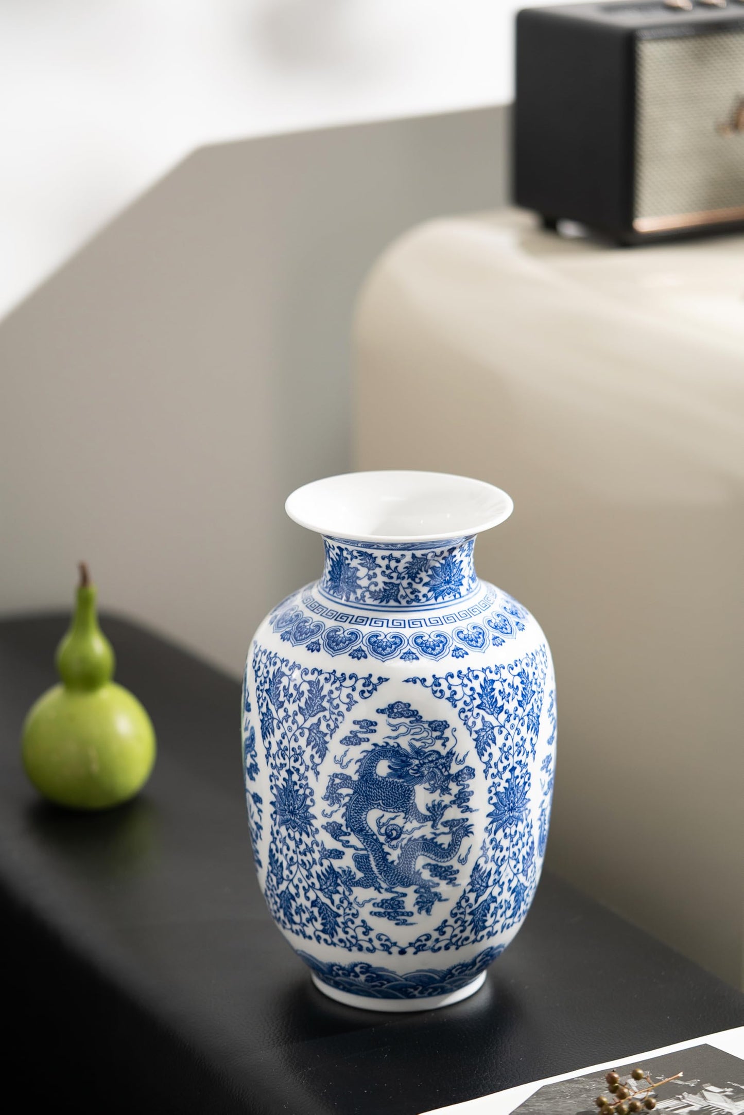 Blue and White Vase, Large Chinoiserie Vase Porcelain, Ginger Jar, Mantel Decor for Living Room & Home,11" H