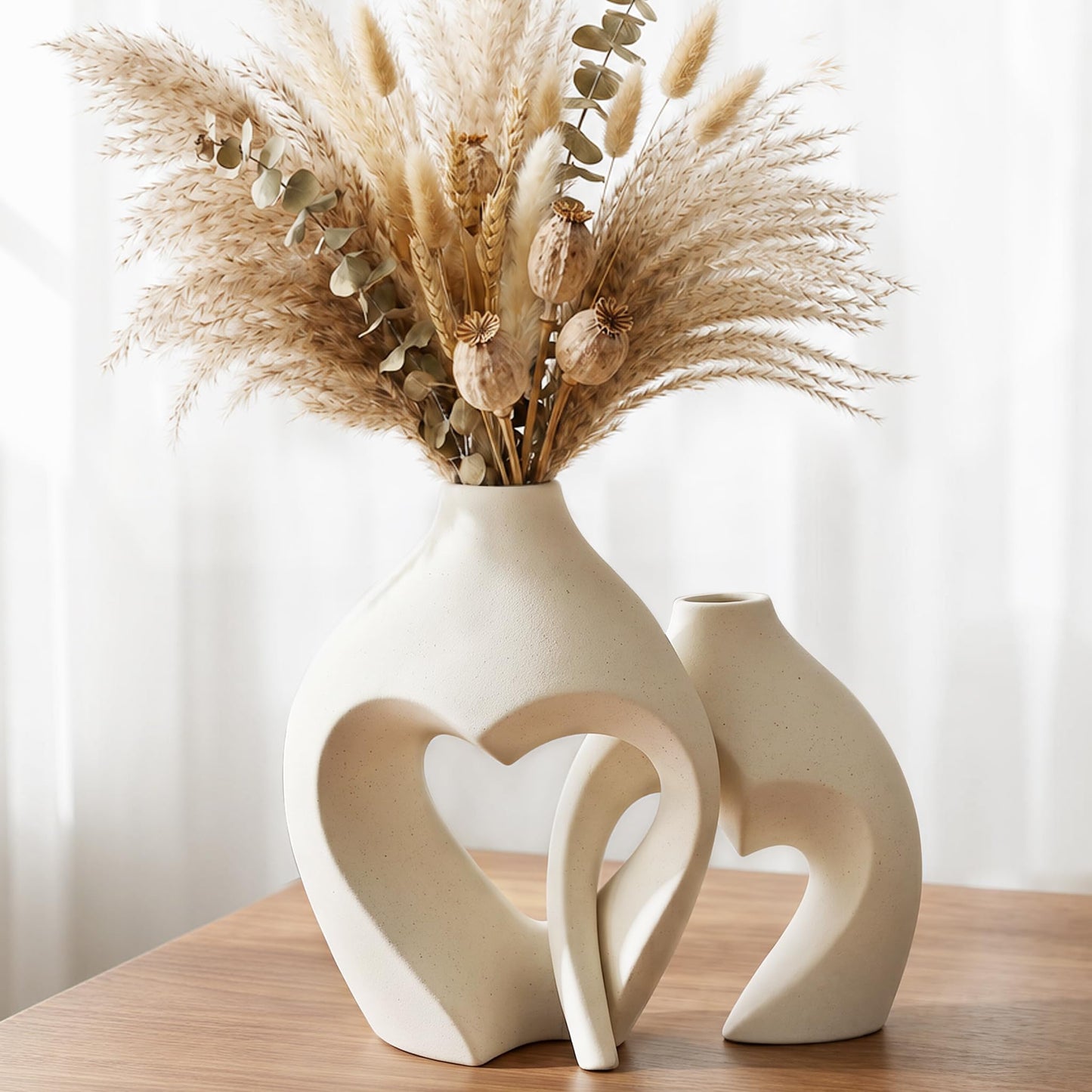 White Ceramic Flower Vase Home Table Decor Heart Shaped Vase Set of 2