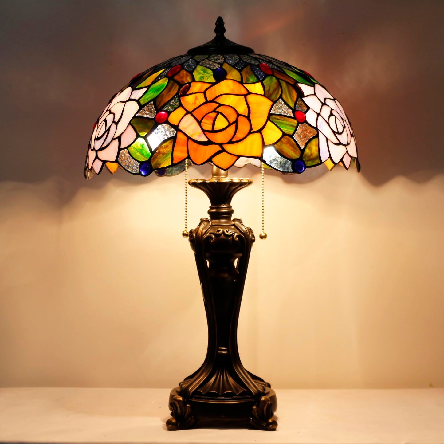 ANYONGLU Tiffany Lamp(2 Lights) Stained Glass Table Lamp Bedside Desk Reading Light 16X16X24 Inch Decor Bedroom Living Room Home Office (Purple Orange Rose)