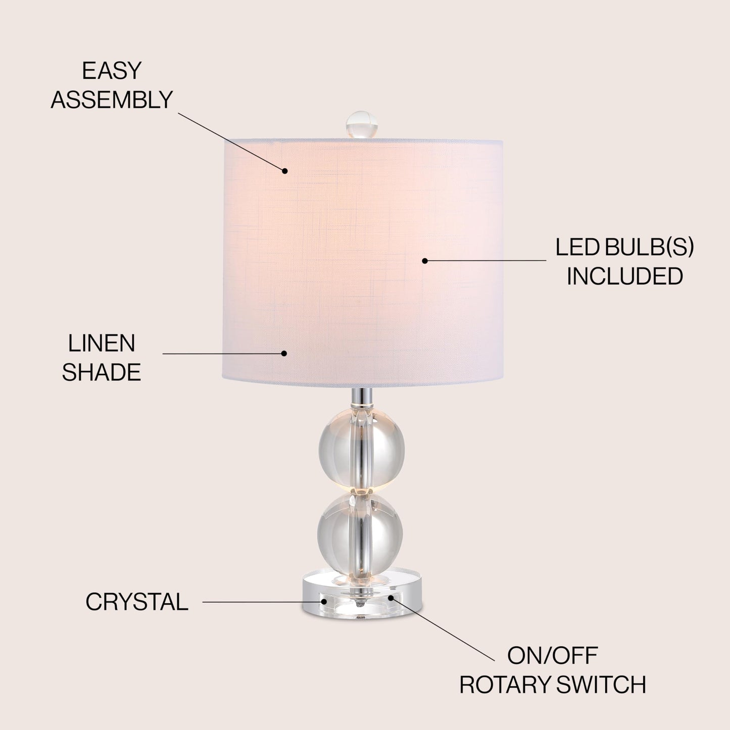 JONATHAN Y 17.5" Clear Crystal Table Lamp, Glam Double Sphere Mini Nightstand Lamp for Bedroom Living Room, White Linen Drum Shade, Chrome Finish, LED Bulb Included JYL2057A
