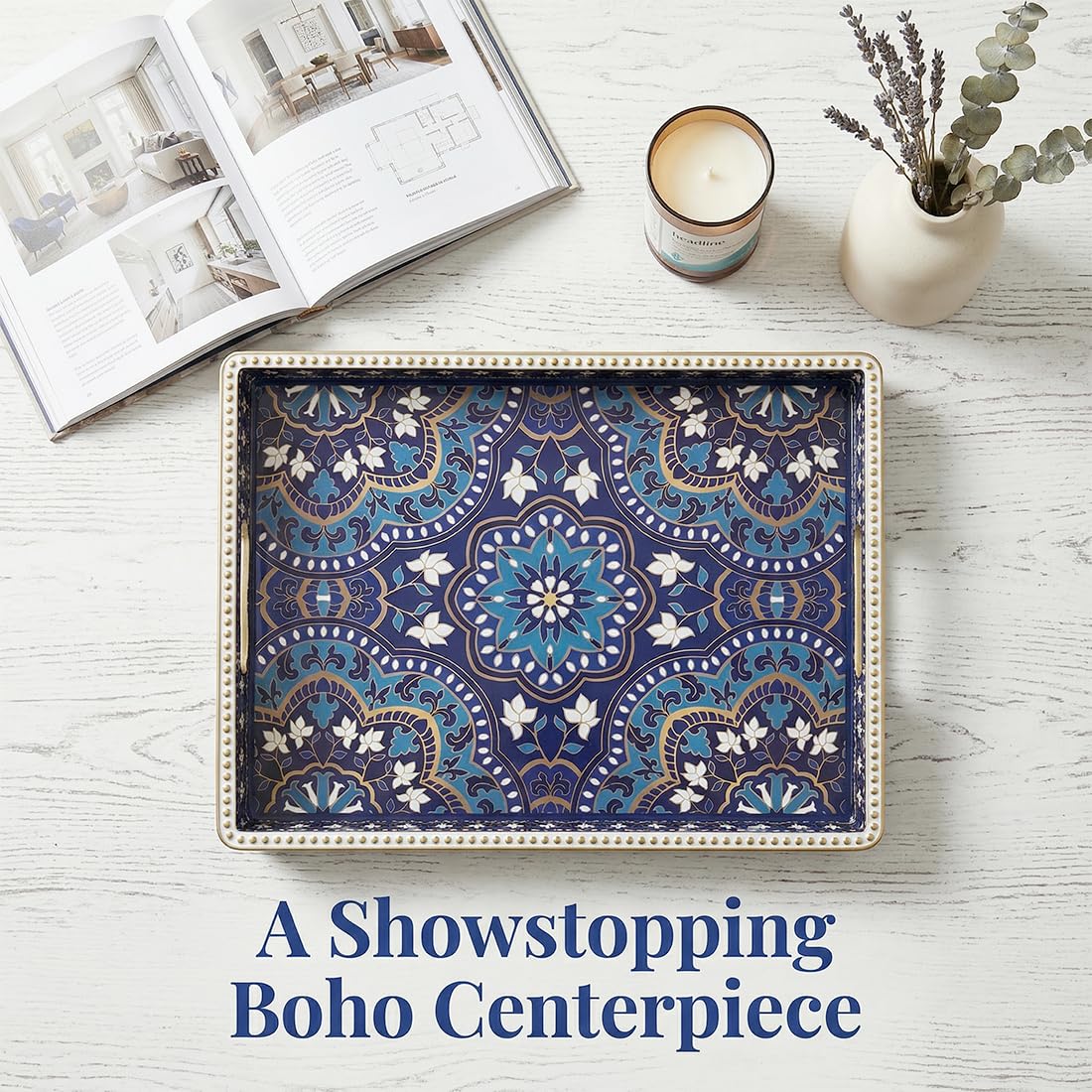 UOEKCS Boho Serving Tray with Handles, Large Rectangular Decorative Ottoman Tray with Gold Beaded Rim, Blue Floral Mandala Design, for Coffee Table, Kitchen Counter, Vanity, 15.7”x11.8”