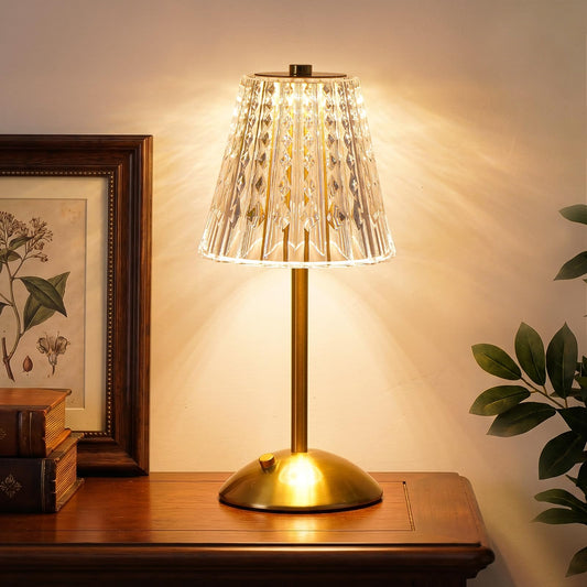 Nusogon Cordless Touch Table Lamp, Classic Edition Rechargeable Small Desk Lamp, 3 Color Dimmable Crystal Lamp for Bedroom, Restaurant, Kitchen & Home Decor, Gold