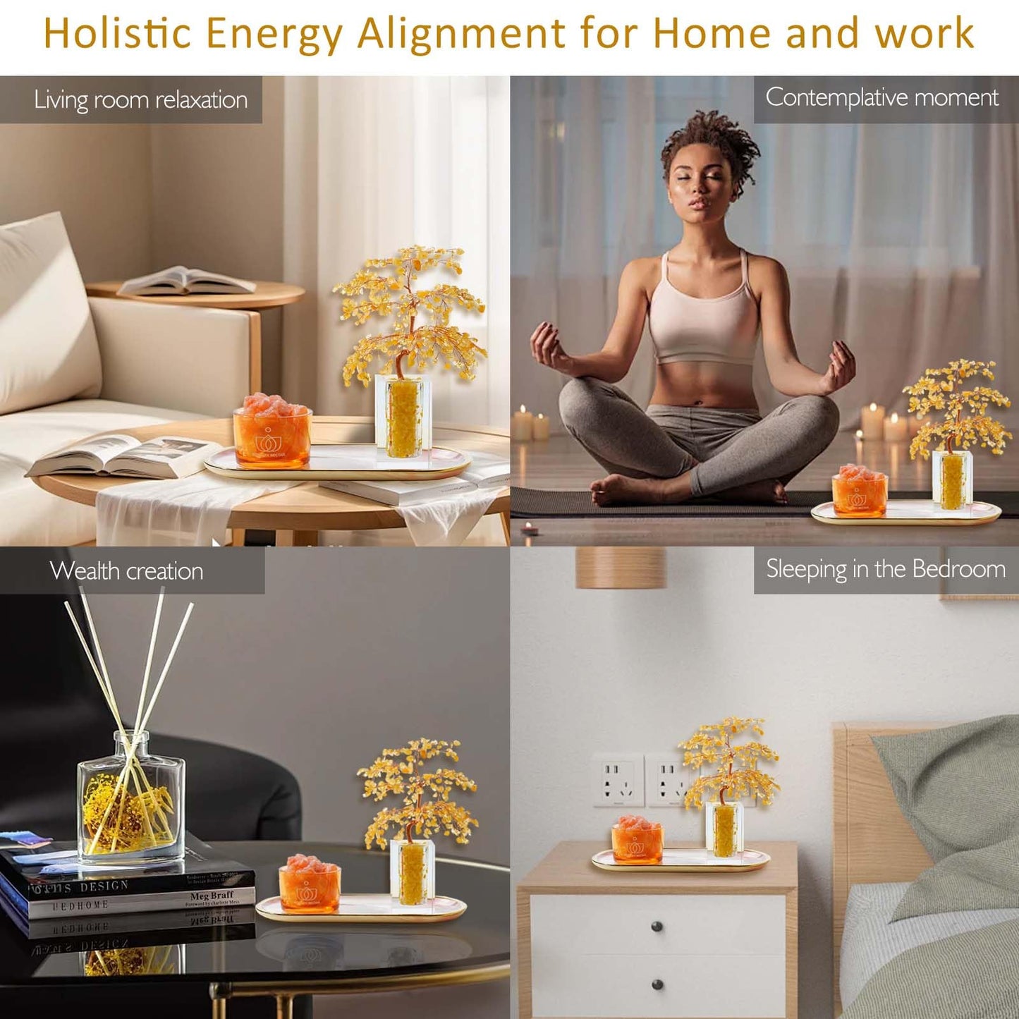Runyangshi Citrine Crystal Tree of Life & Natural Crystal Ore Diffuser Set for Office Desk Living Room Home Decor Gemstone Tree for Money Positive Energy Feng Shui Good Luck Gift for Women and Mom