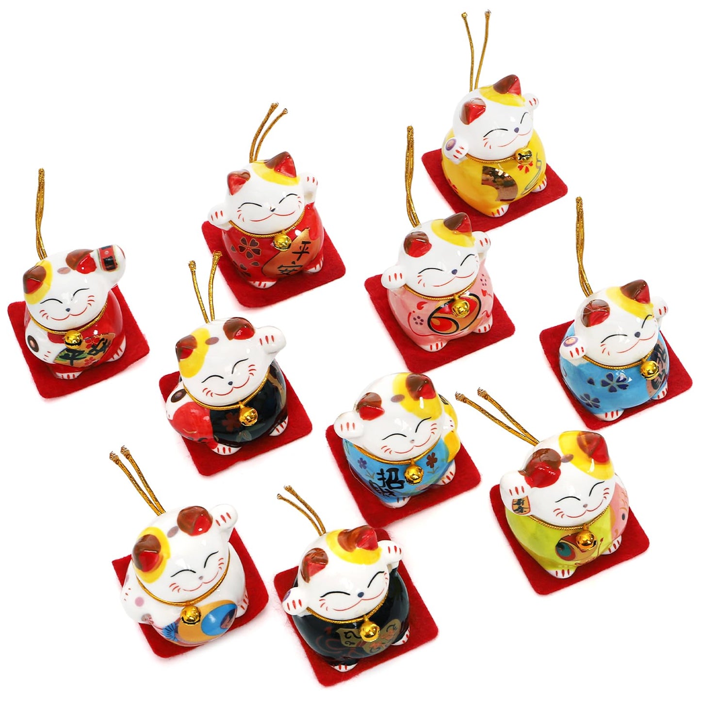 Elsjoy Set of 10 Mini Maneki Neko Lucky Cat, 2 Inch Ceramic Beckoning Cat Statue Japanese Fortune Cat Figurines for Home Decor, Gift