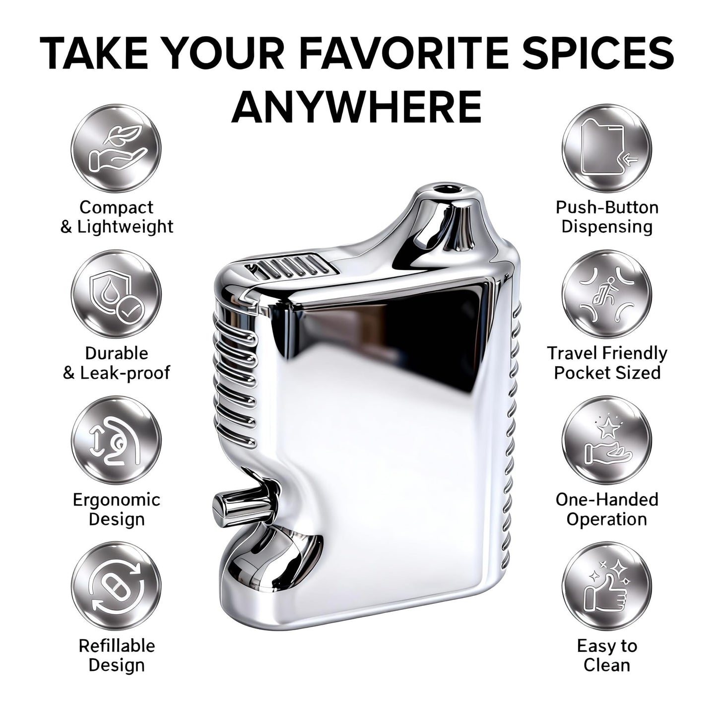 One-Button Powder Dispenser | Leak-Proof & Lightweight | Electroplated Silver Spice Shaker for Travel – Cool Metallic
