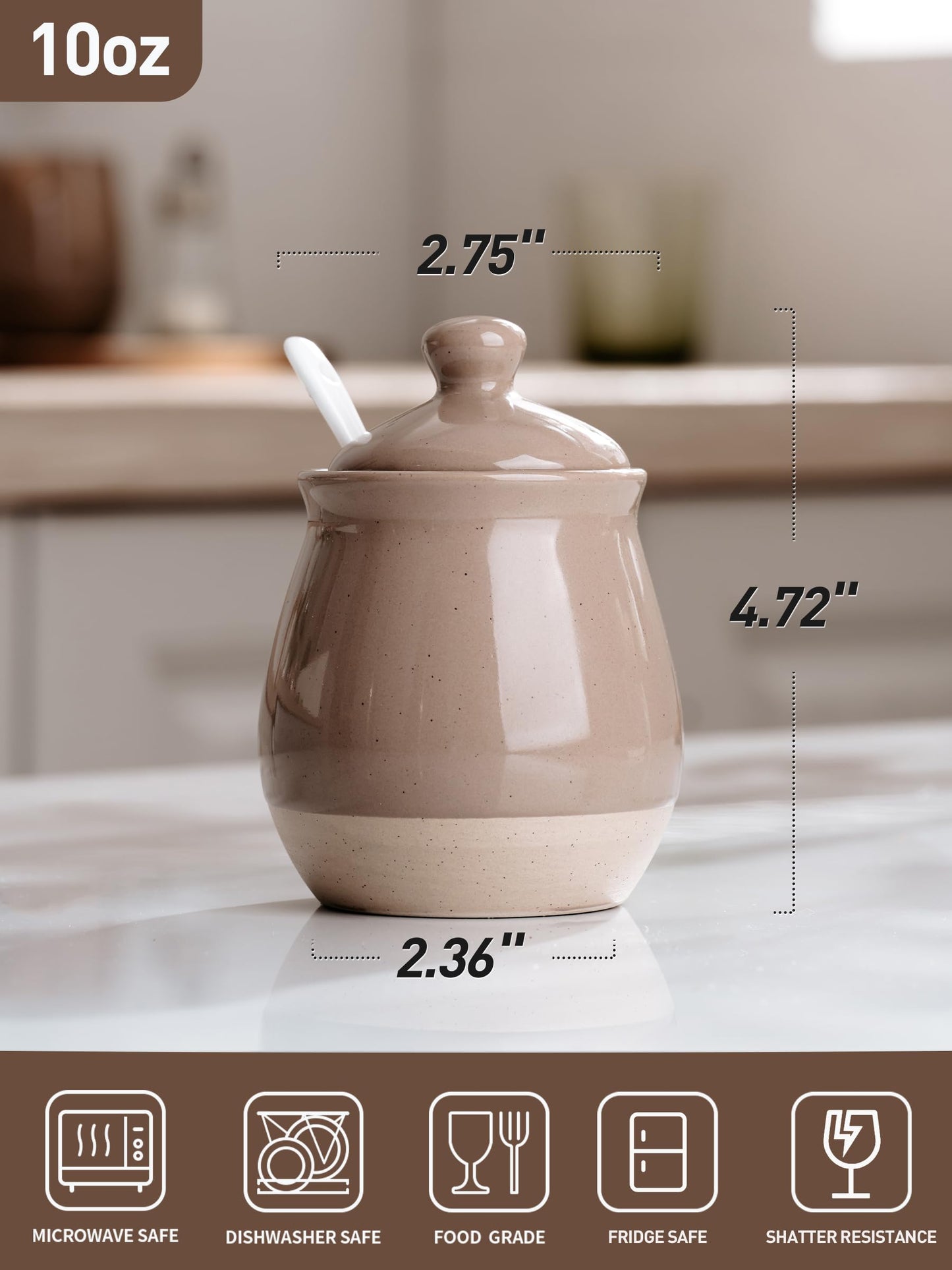 famiware Milkyway Sugar Bowl with Lid and Spoon, 10oz Ceramic Sugar Jar/Pot/Dispenser for Salt, Condiments, Spice, Seasonings, Sugar Container for Coffee Bar, Kitchen, and Countertop, Cinnamon Brown