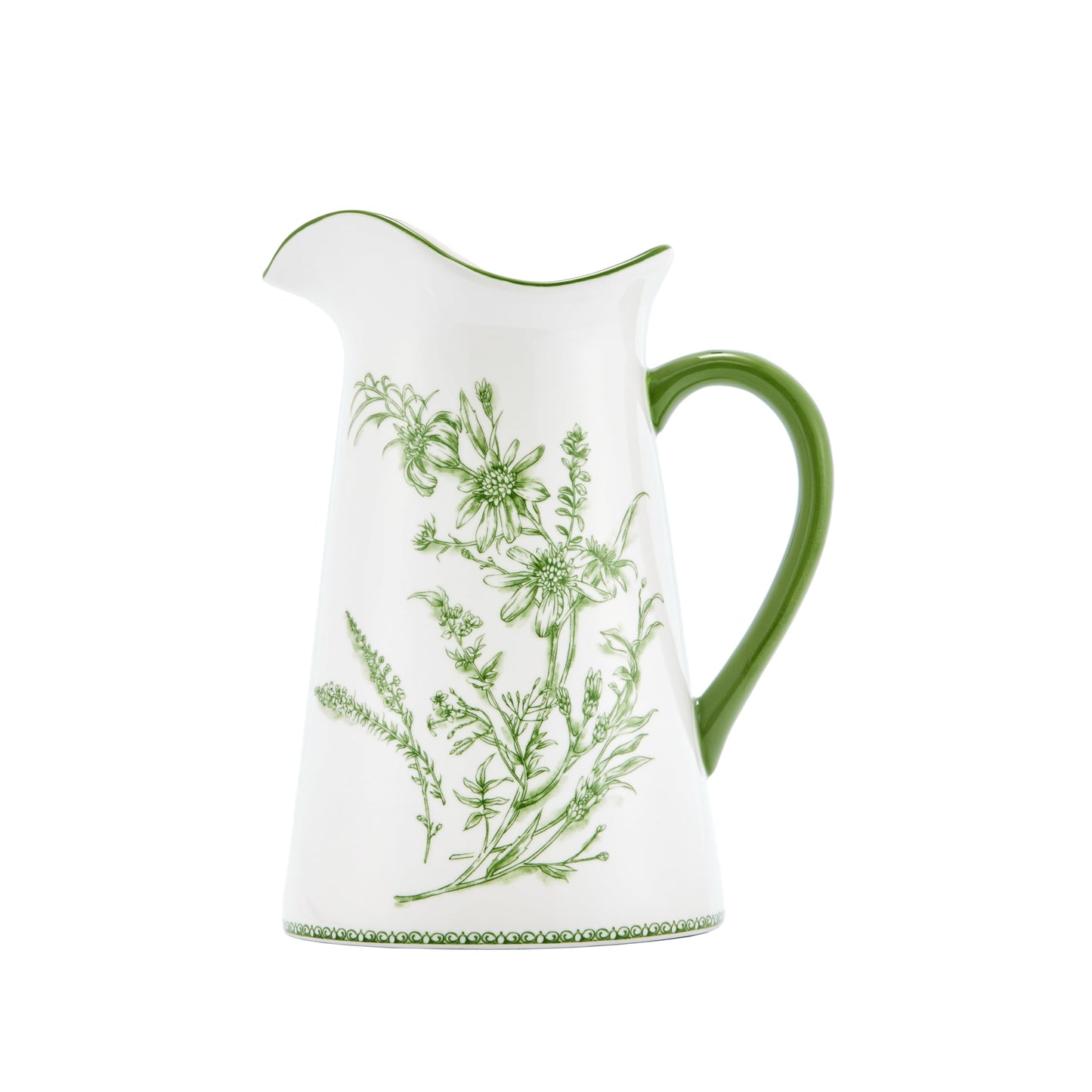 Bico Green Garden Toile De Jouy Ceramic 2.5 Quarts Pitcher with Handle, Decorative Vase for Flower Arrangements, Dishwasher Safe